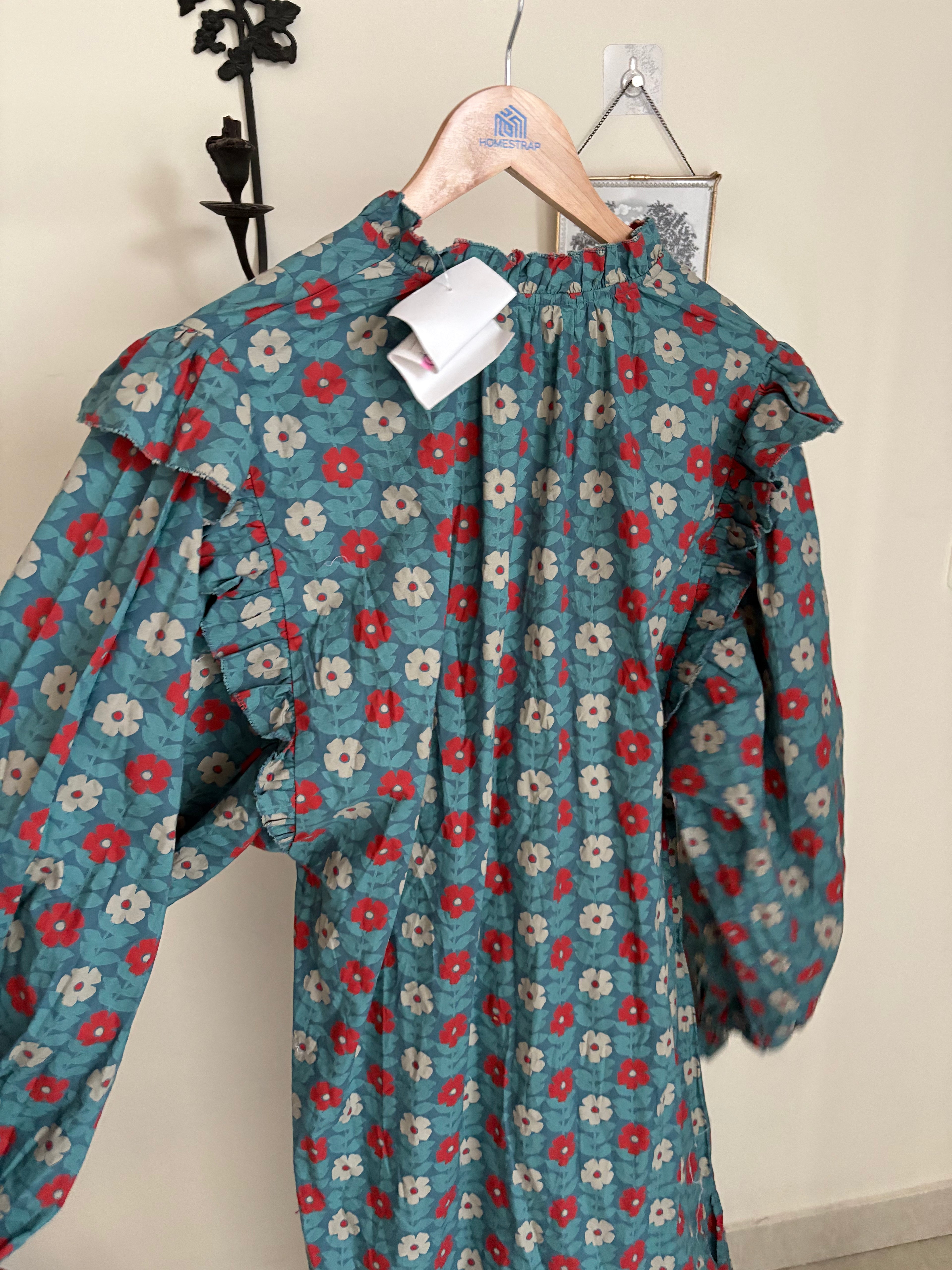BLUE FLORAL PRINT PUFF SLEEVE DRESS M