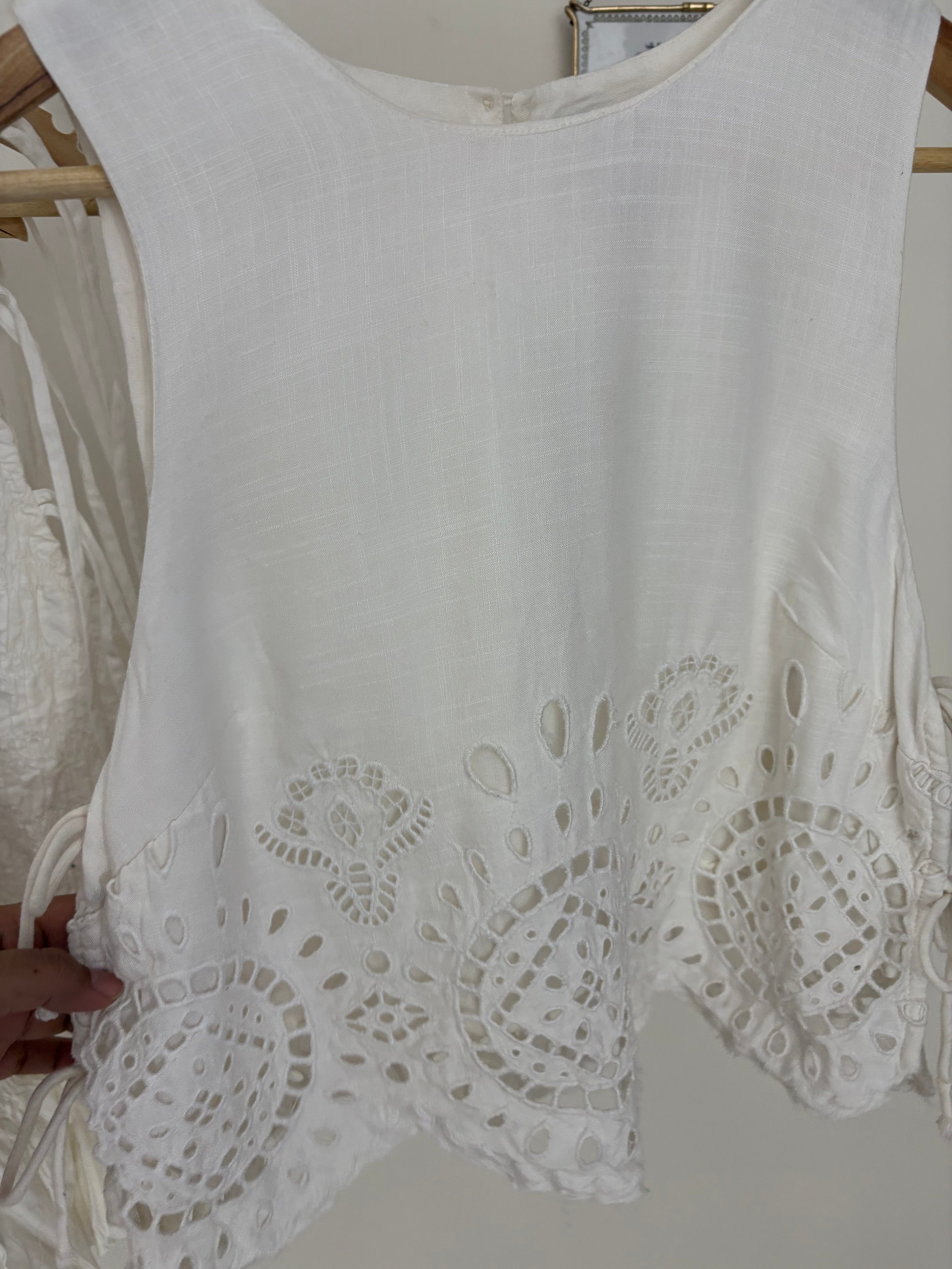 FUTURE COLLECTIVE embroidered eyelet side tie tank top S
