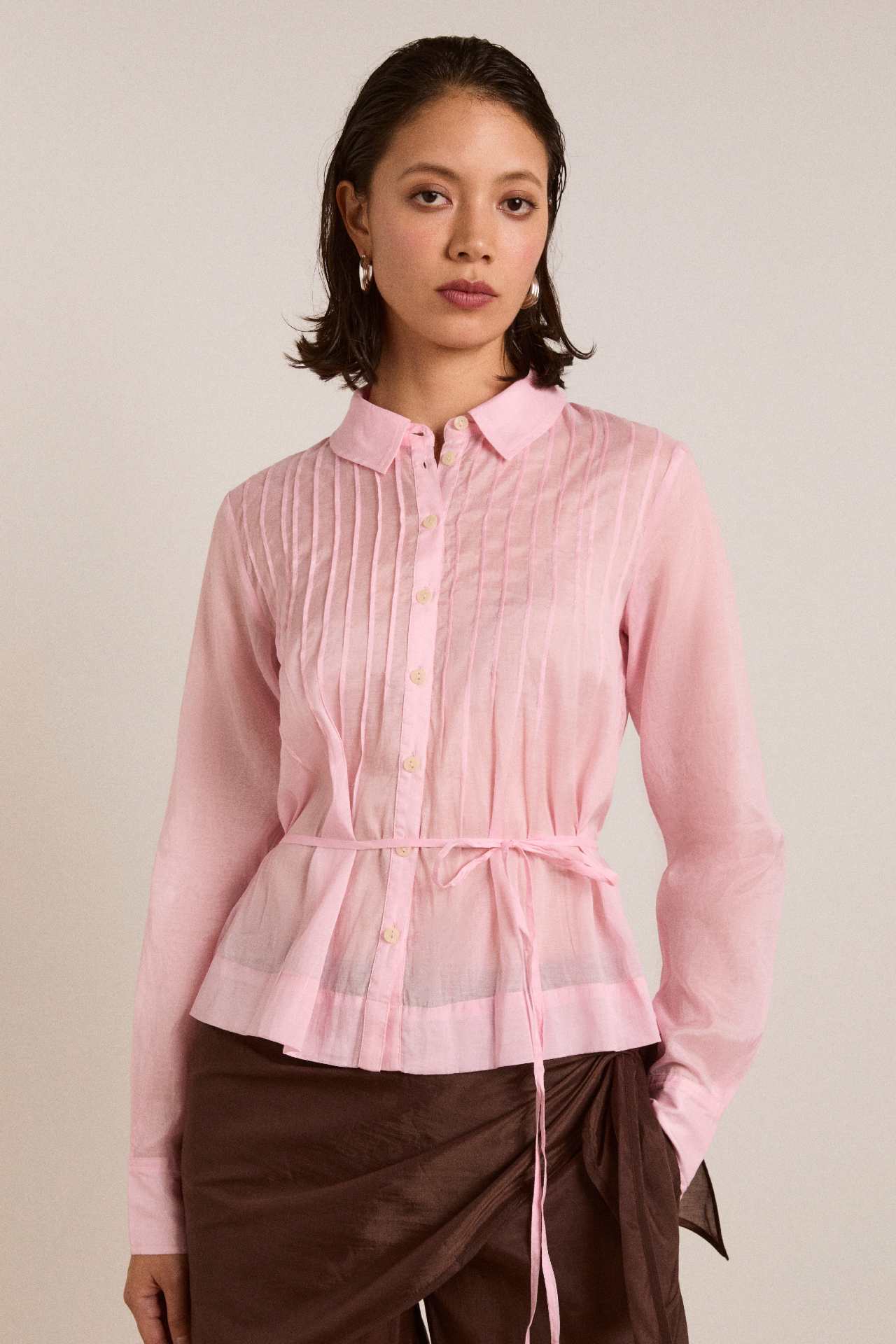 DAMSON MADDER Wendy Long Sleeve Sheer Blouse - Pale Pink UK 8
