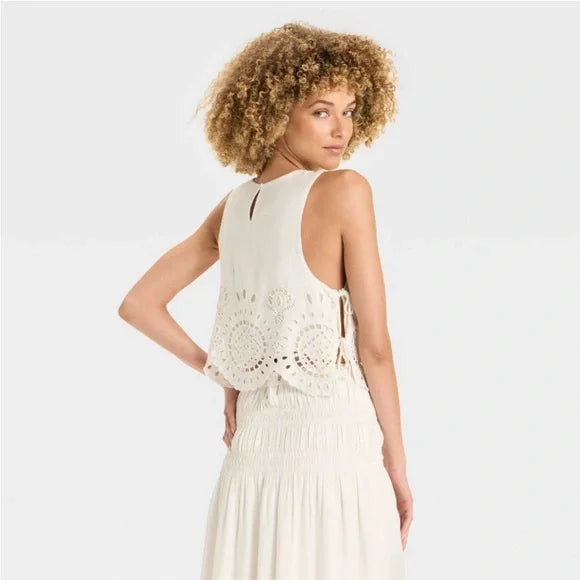 FUTURE COLLECTIVE embroidered eyelet side tie tank top S