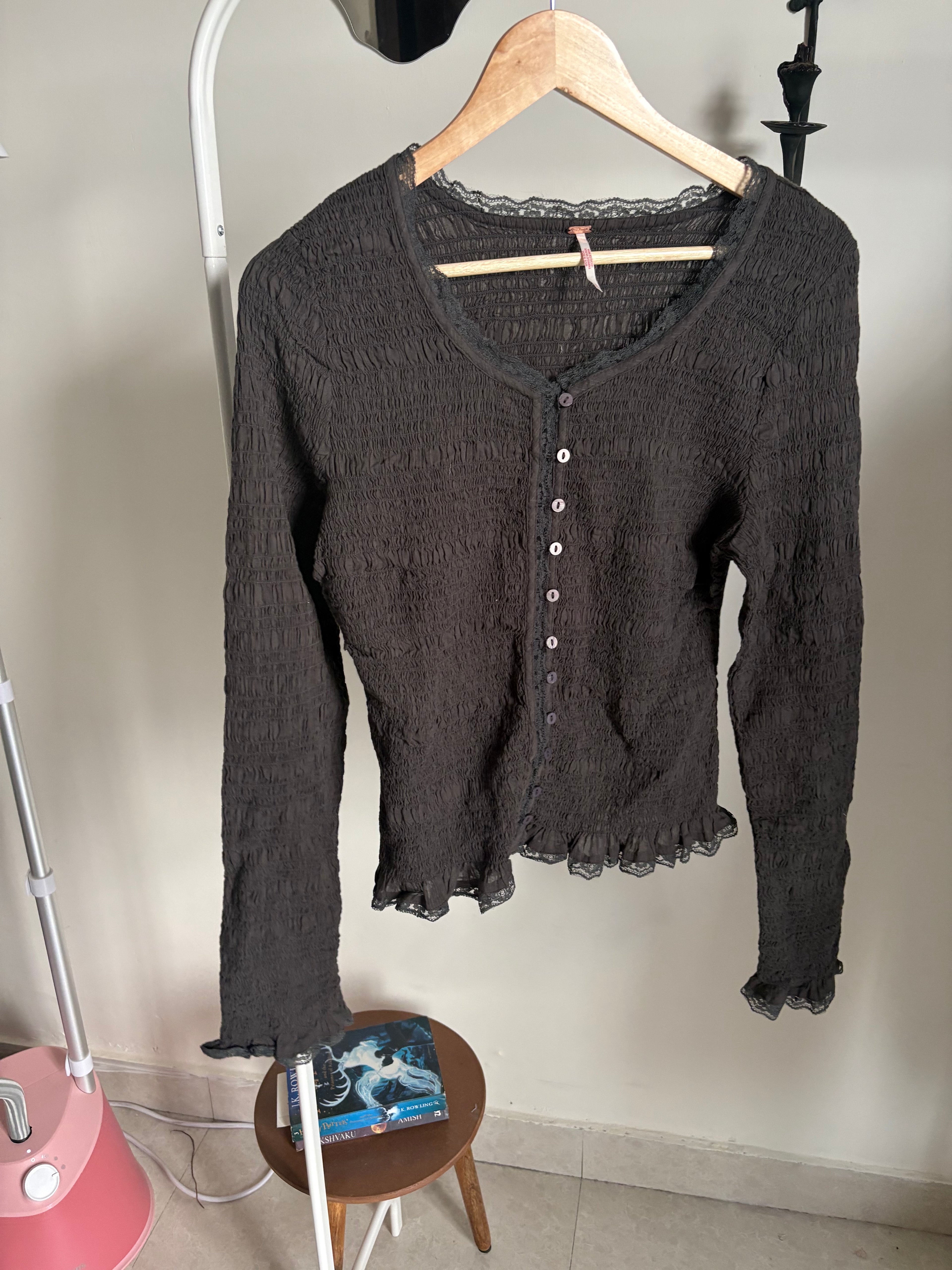 FREE PEOPLE Elliot Smocked Solid Top WASHED BLACK XL