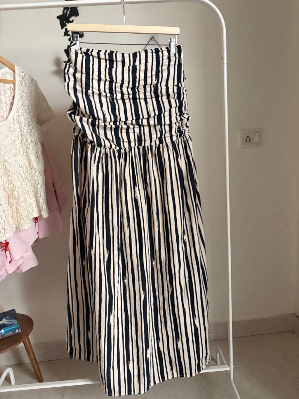 River Island Black Stripe Pleated Bodice Midi Dress UK18