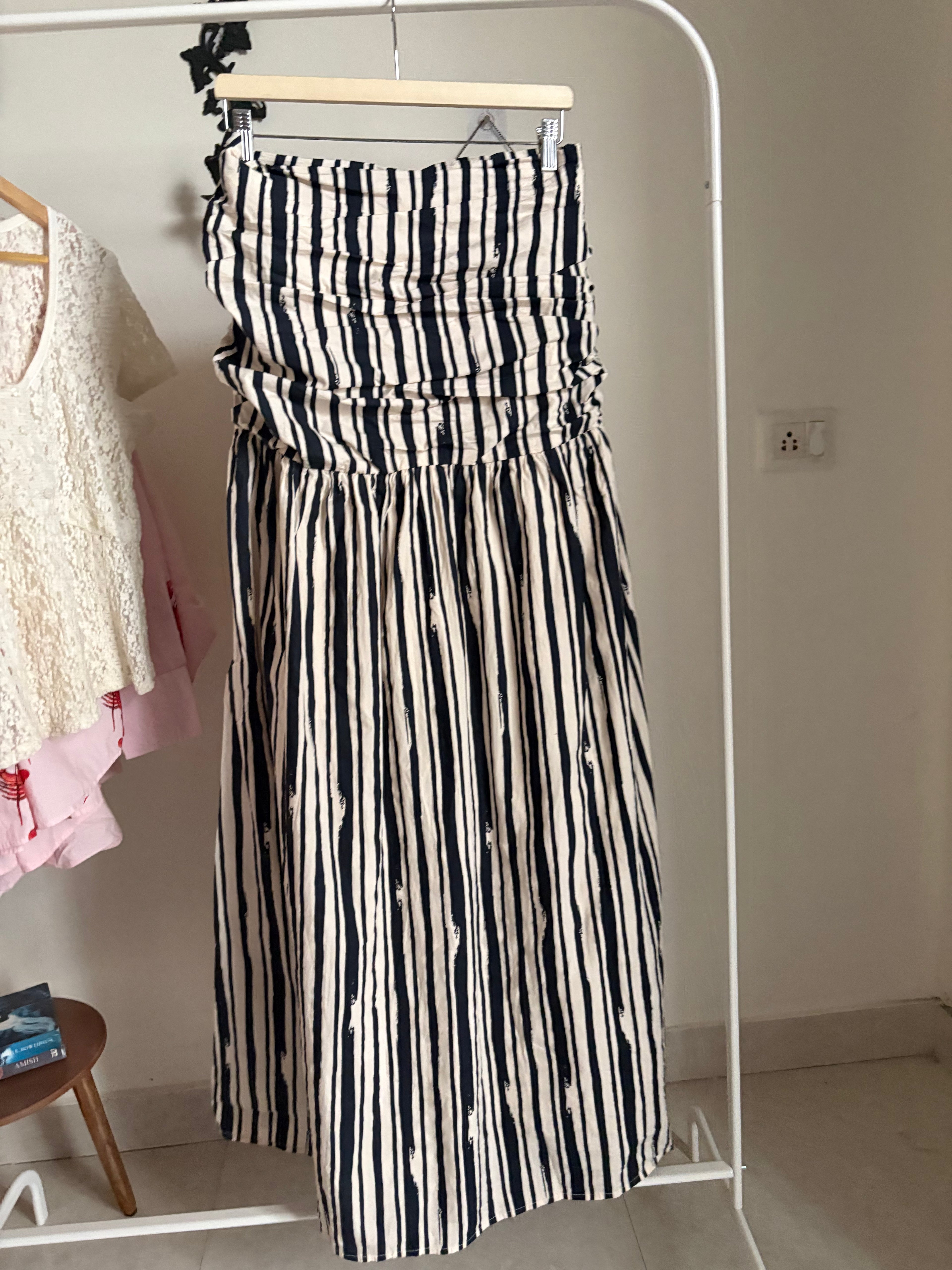River Island Black Stripe Pleated Bodice Midi Dress UK18