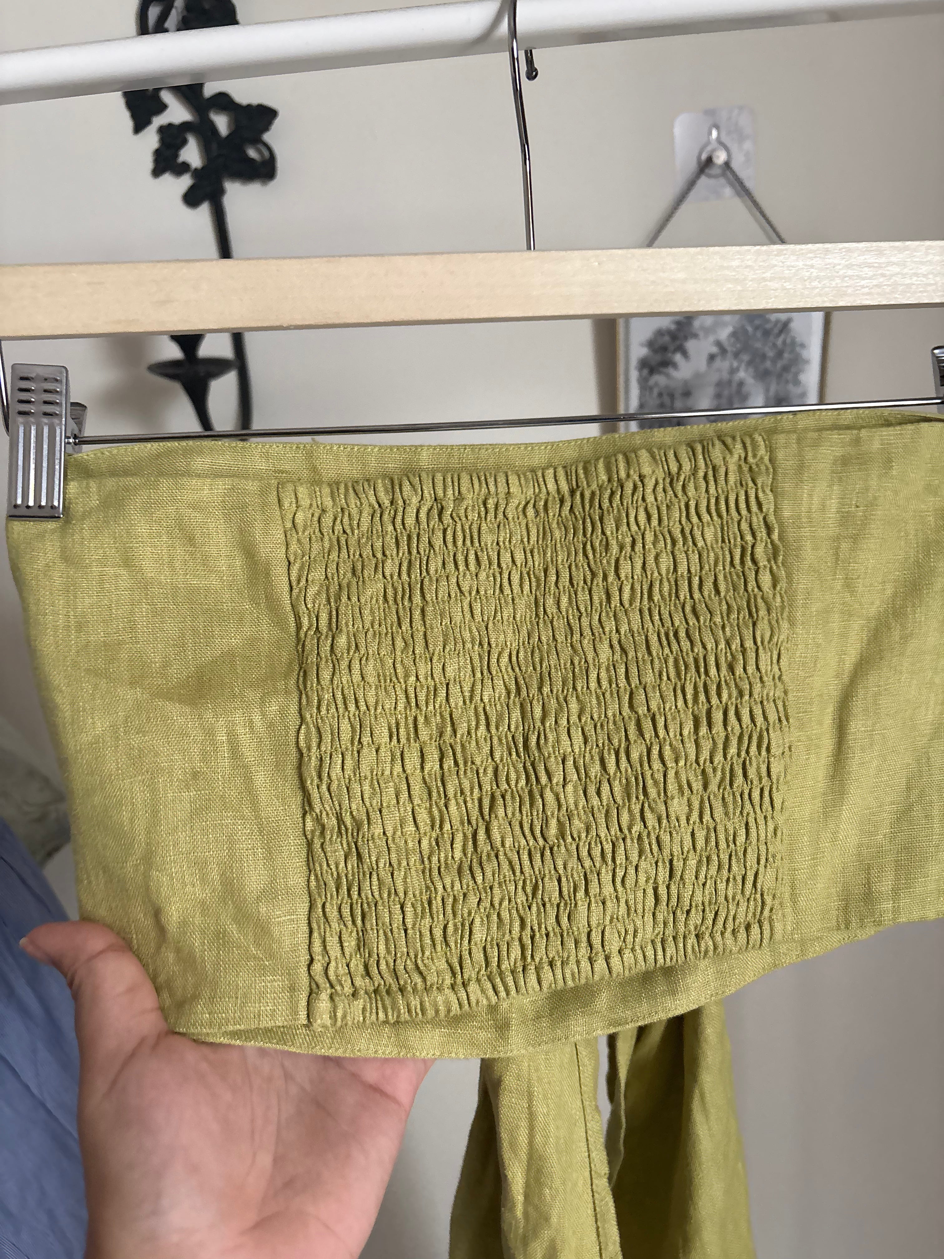 GREEN TIE LINEN TUBE TOP S