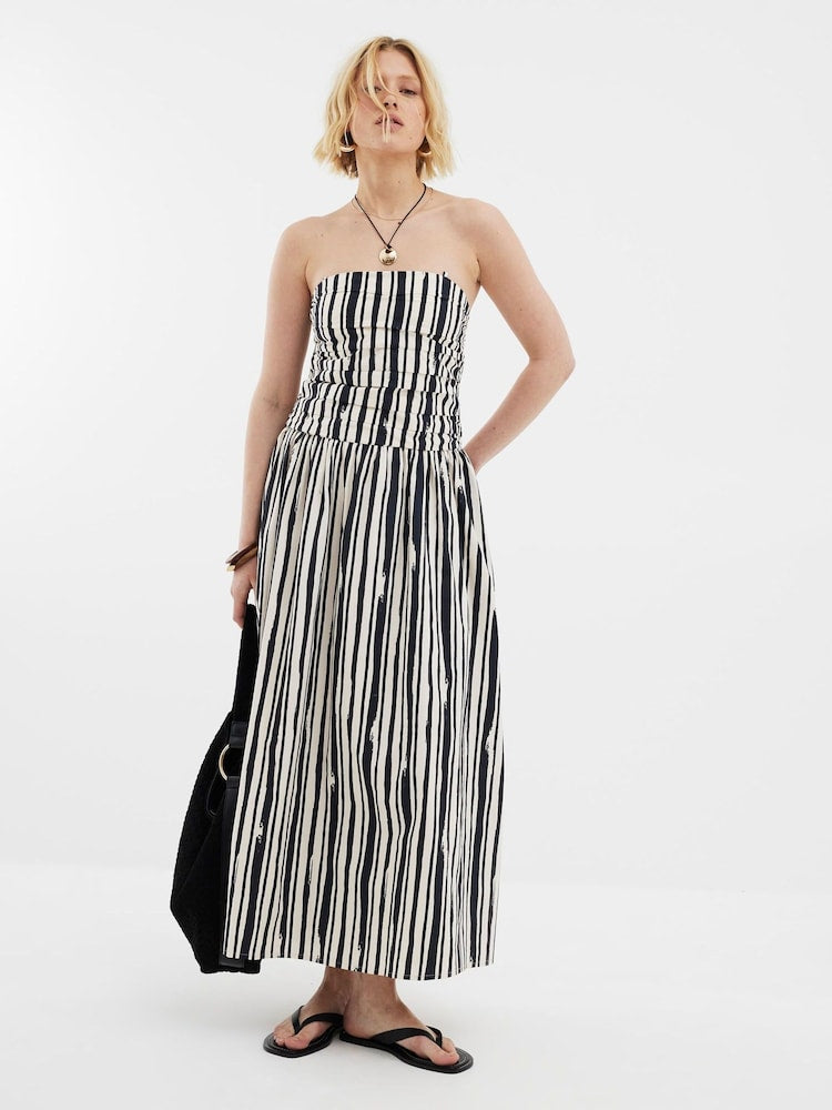River Island Black Stripe Pleated Bodice Midi Dress UK18