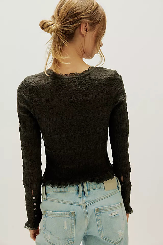 FREE PEOPLE Elliot Smocked Solid Top WASHED BLACK XL