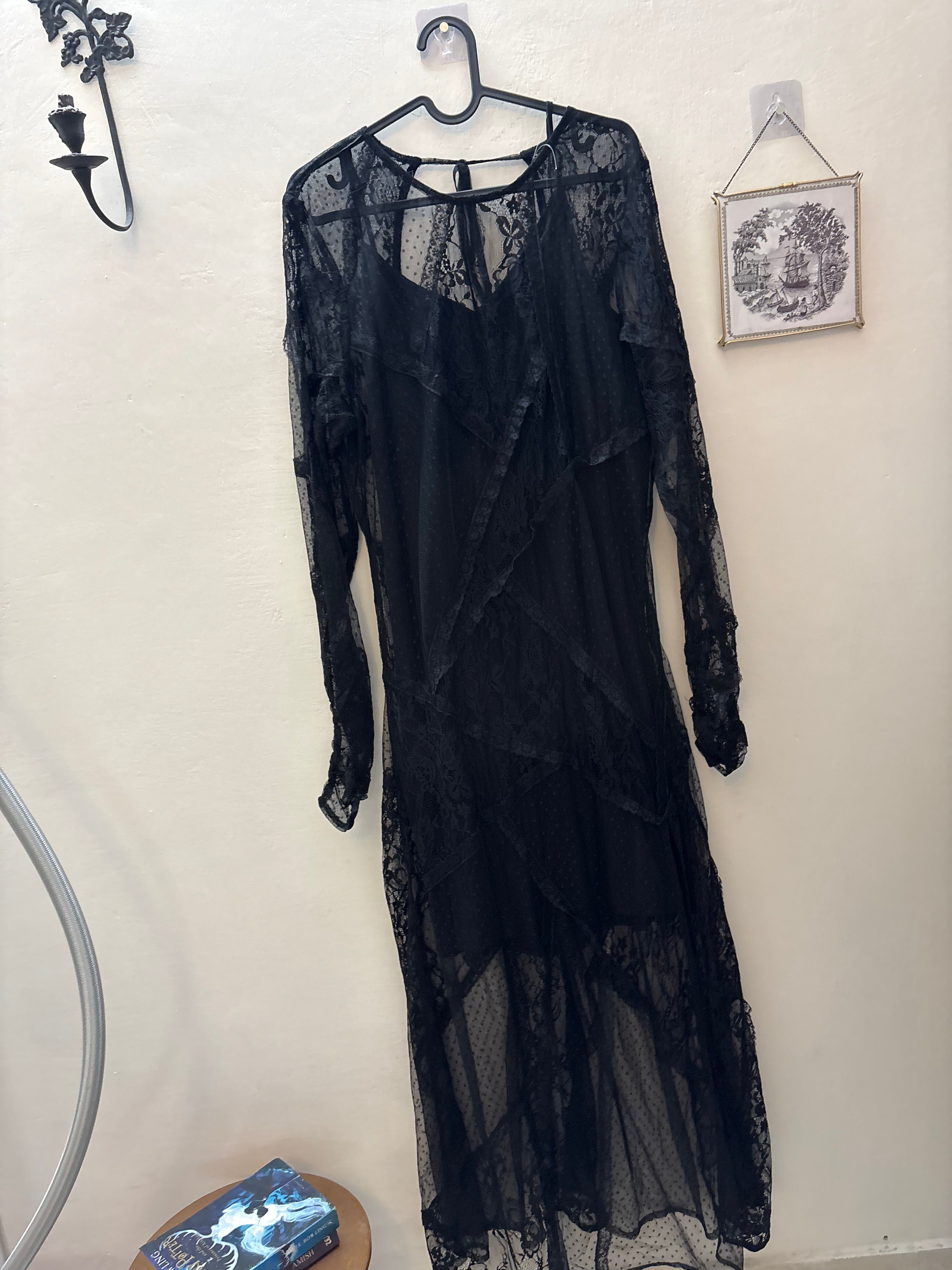 ASOS DESIGN lace maxi dress with open back and split in black UK 16