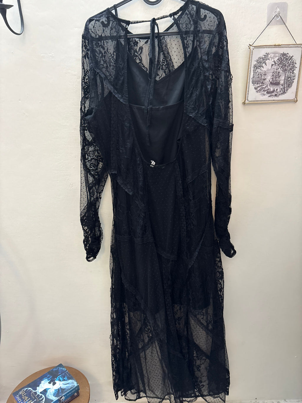 ASOS DESIGN lace maxi dress with open back and split in black UK 16