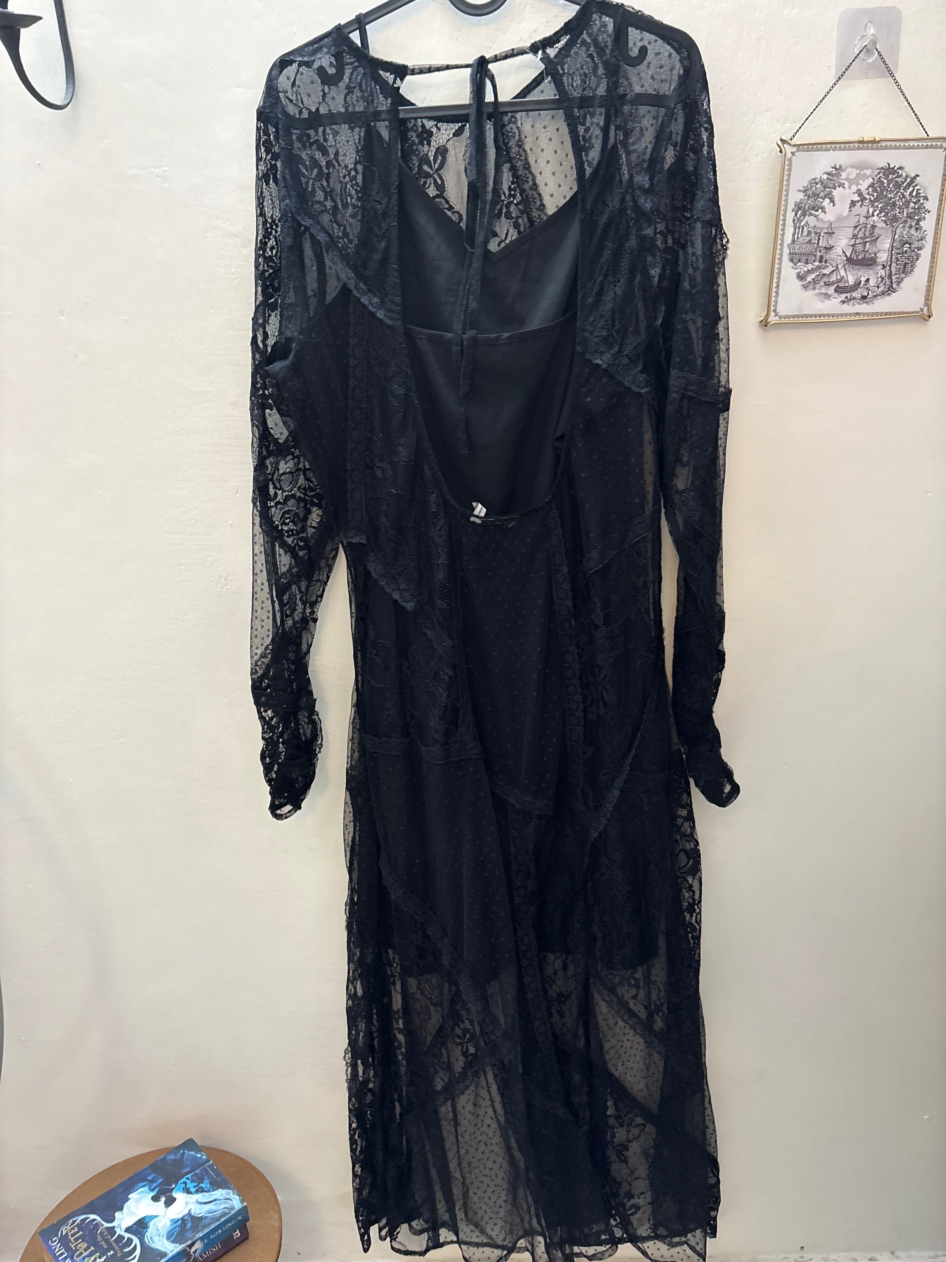 ASOS DESIGN lace maxi dress with open back and split in black UK 16