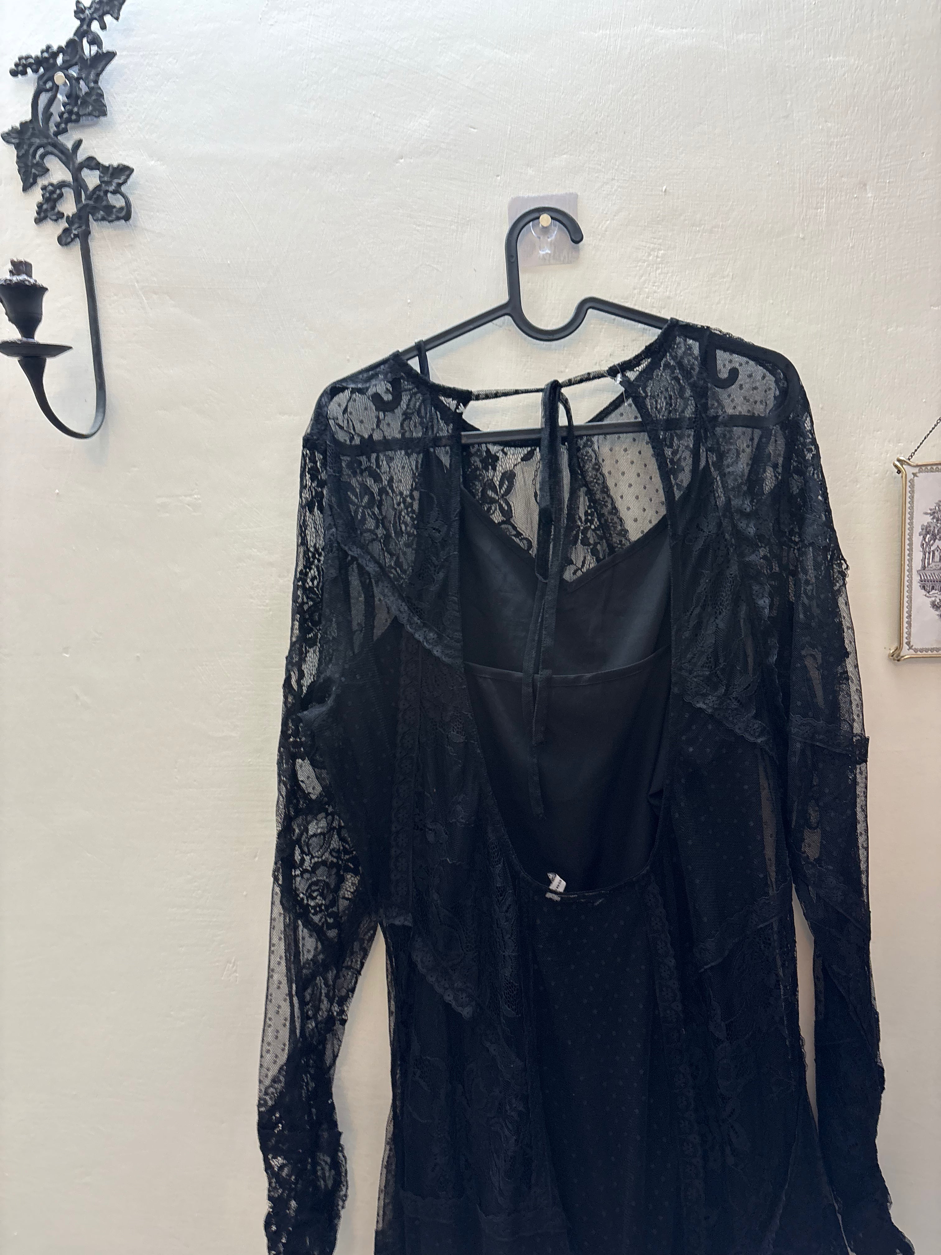 ASOS DESIGN lace maxi dress with open back and split in black UK 16