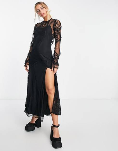 ASOS DESIGN lace maxi dress with open back and split in black UK 16