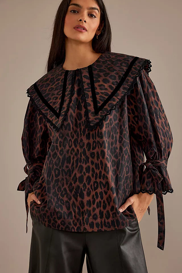 Damson Madder Candice Leopard Print Oversized Collar Blouse UK14