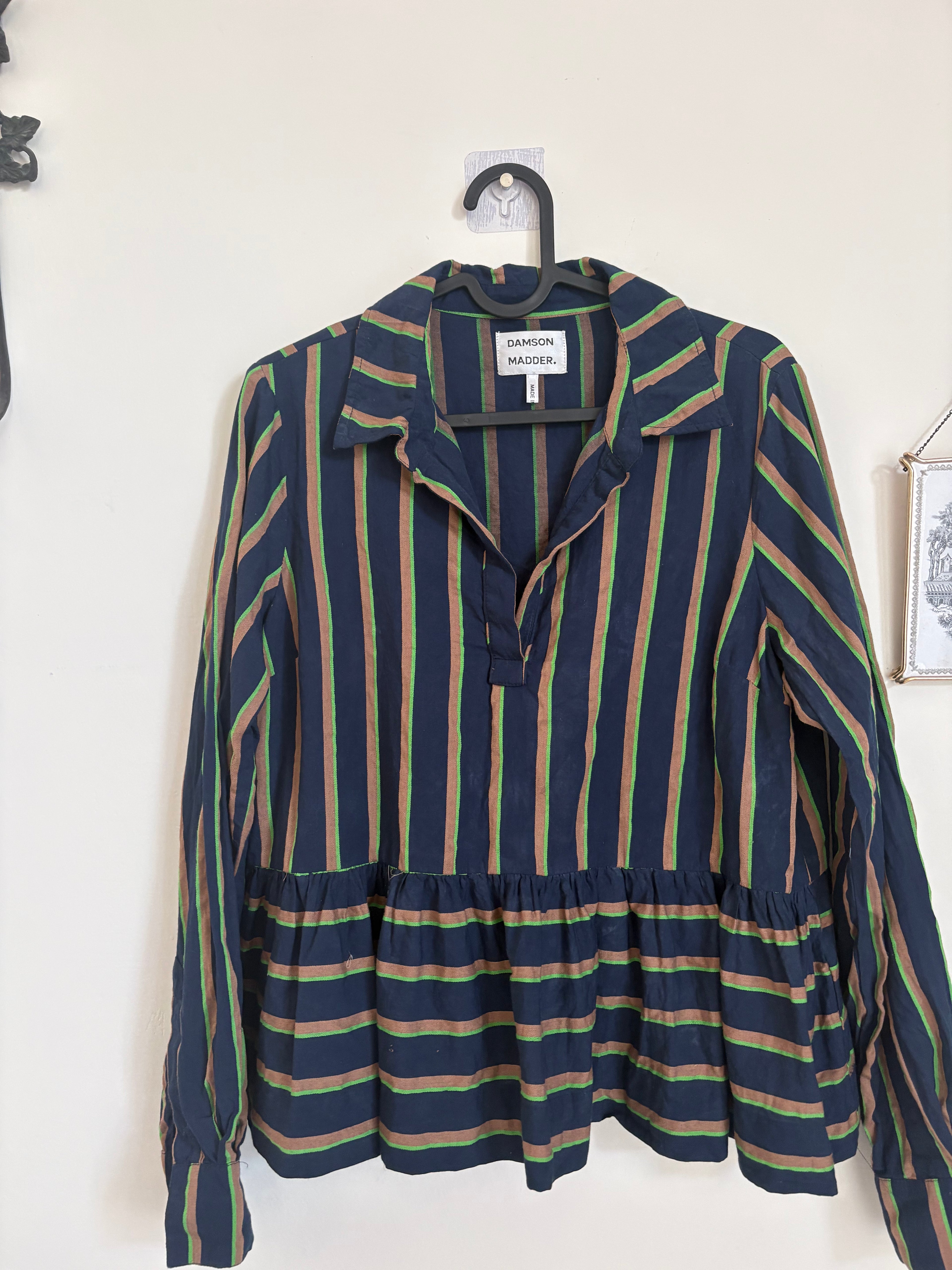 Damson Madder kinsley shirt - navy/green stripe uk 10