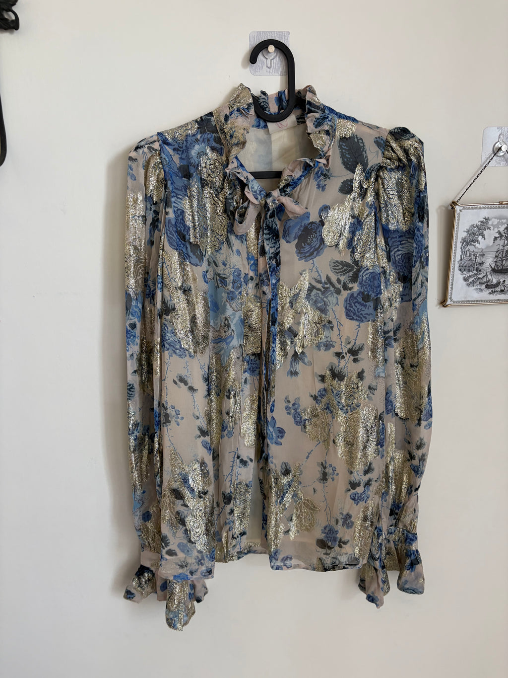 KOBI HALPERINJosie Metallic Floral Ruffle Button-Up Shirt M