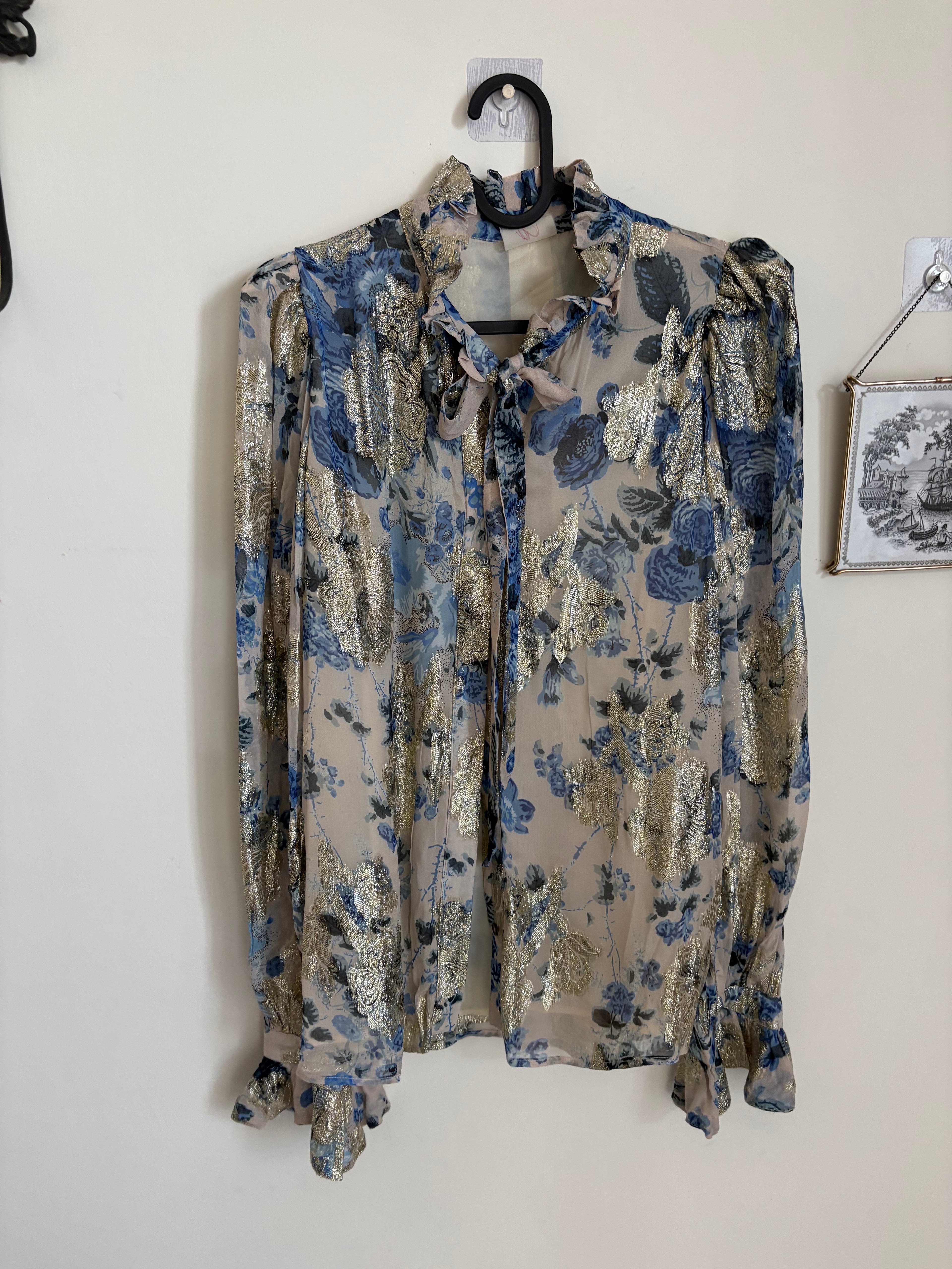 KOBI HALPERINJosie Metallic Floral Ruffle Button-Up Shirt M