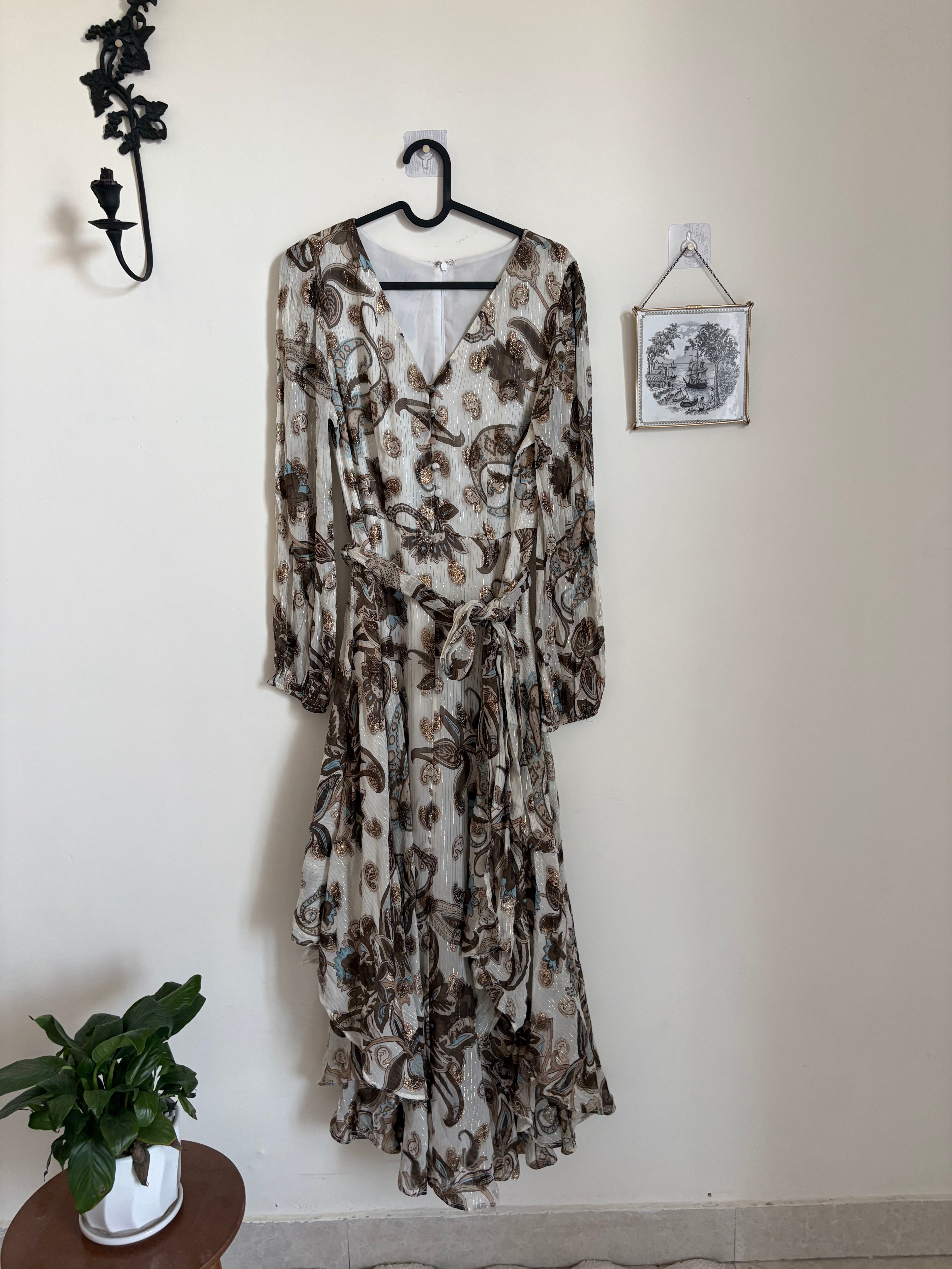 Vince Camuto Metallic Paisley Floral Long Sleeve Maxi Dress M