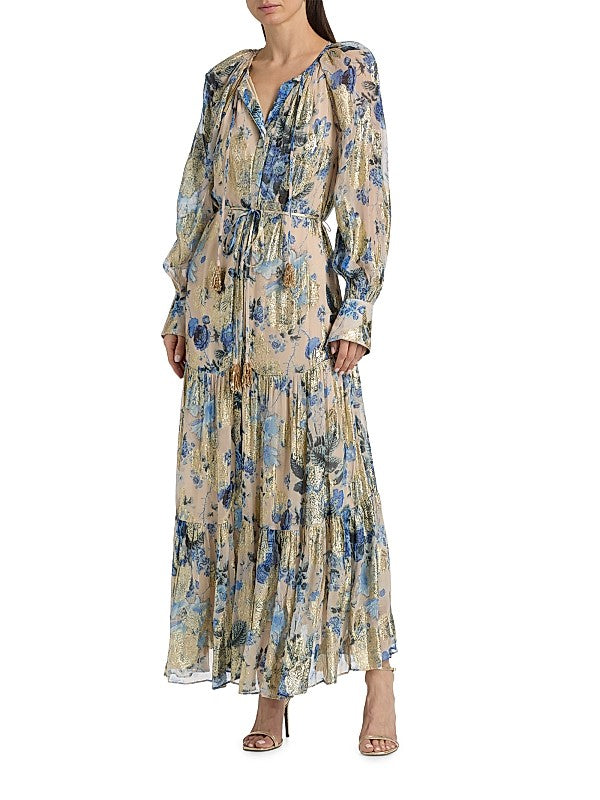Kobi Halperin  Xandra Metallic Floral Maxi Dress L