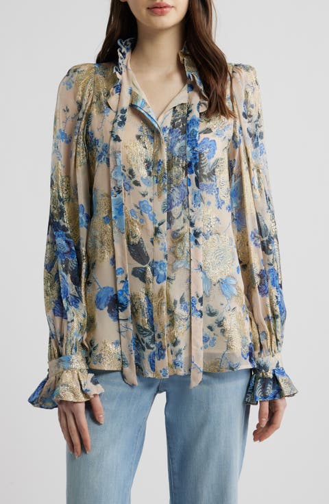 KOBI HALPERINJosie Metallic Floral Ruffle Button-Up Shirt M