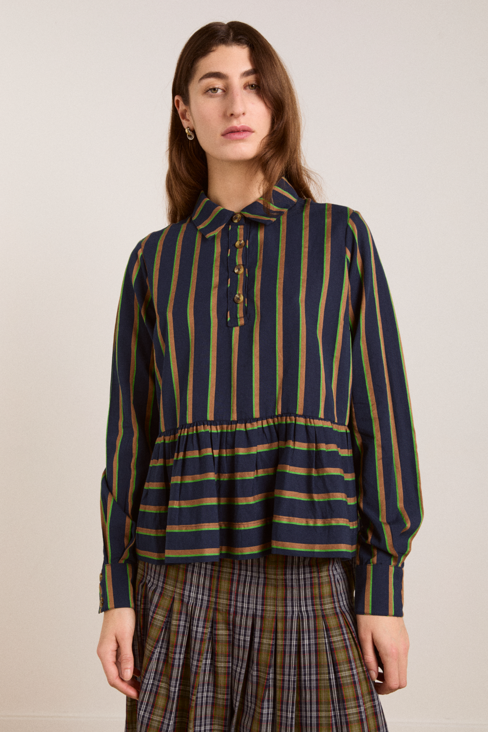 Damson Madder kinsley shirt - navy/green stripe uk 10