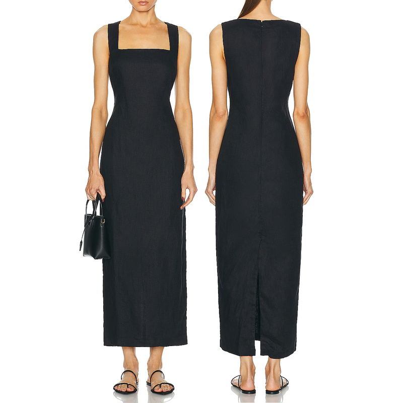 Posse 'Alice' Linen Midi Dress in Black XS