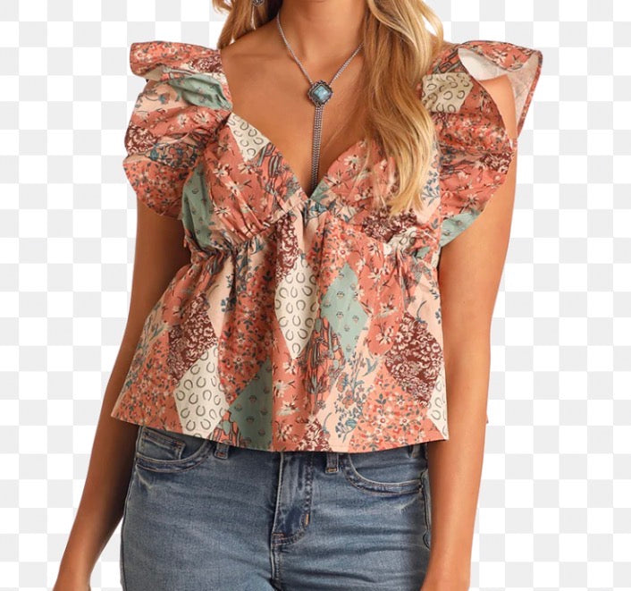 Rock & Roll: Patchwork Print Flutter Tank　M