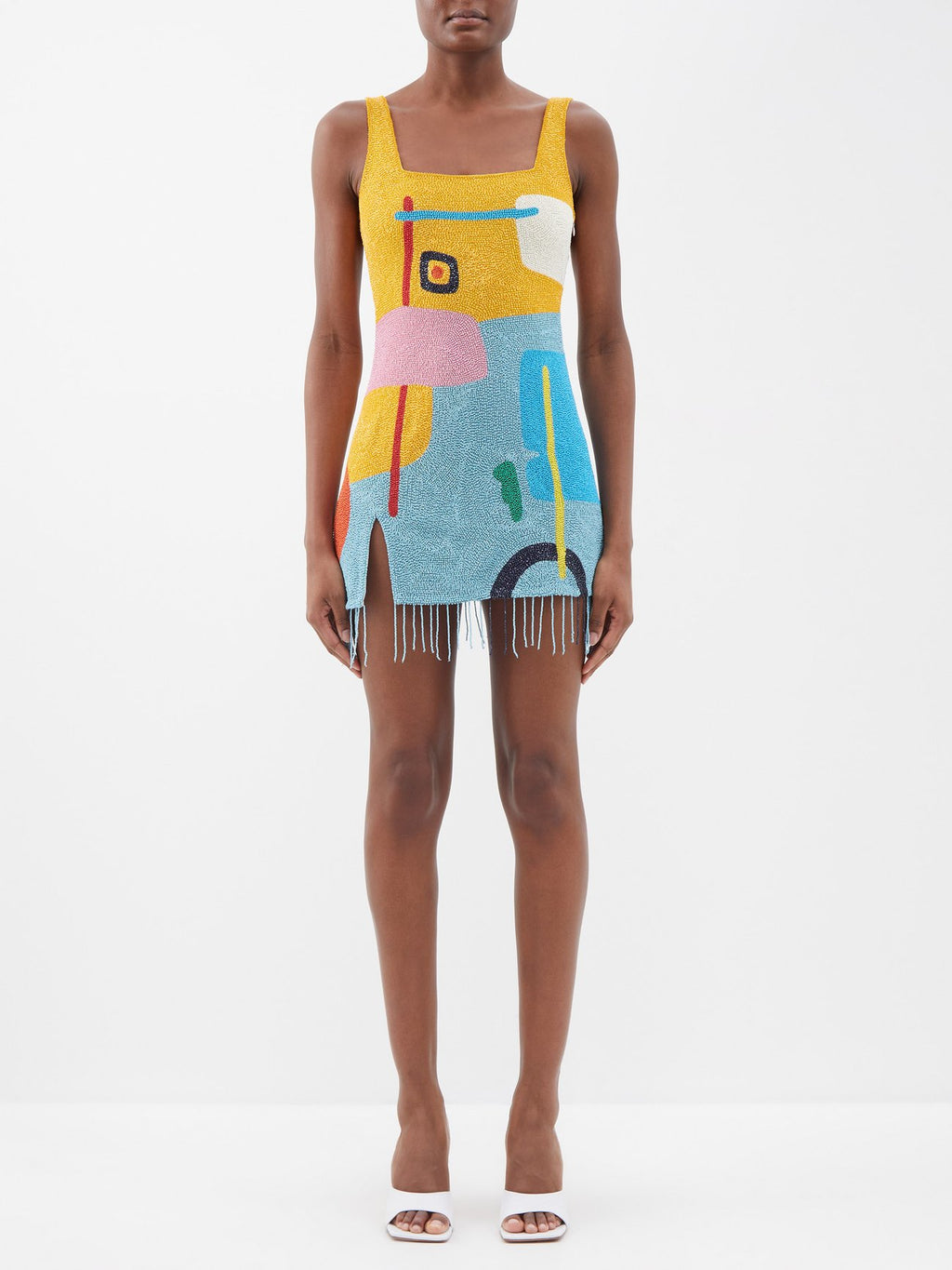 STAUD  Le Sable Square-Neck Beaded Mini Dress S