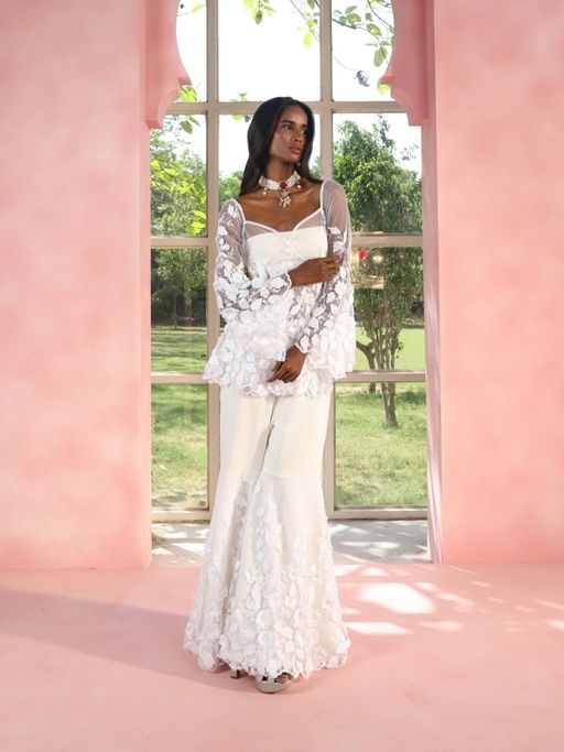 Saanjh by Lea Aasiyah And Allami White 3-DFloral Sharara Set L