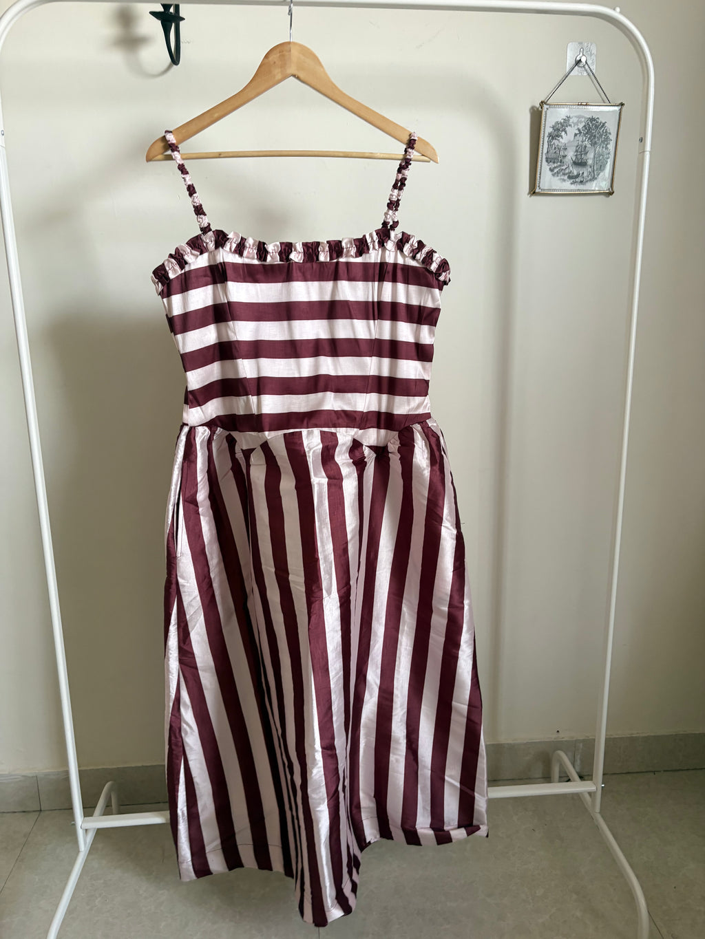 Damson Madder Rachel Ruffle Midi Dress- Pink Burg Stripe UK 16