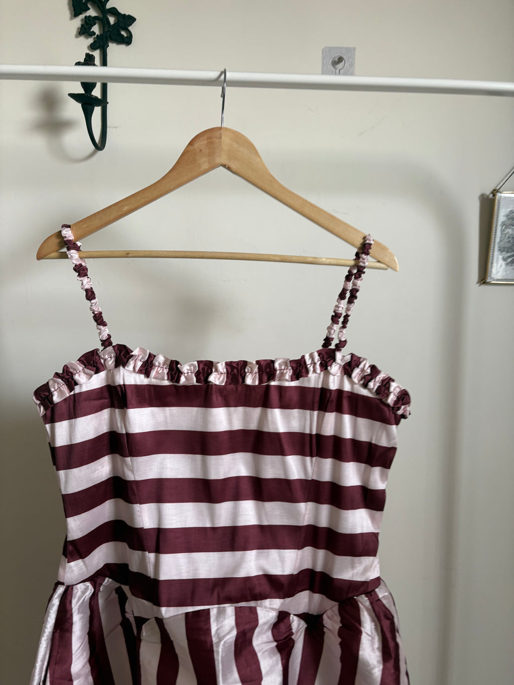 Damson Madder Rachel Ruffle Midi Dress- Pink Burg Stripe UK 16