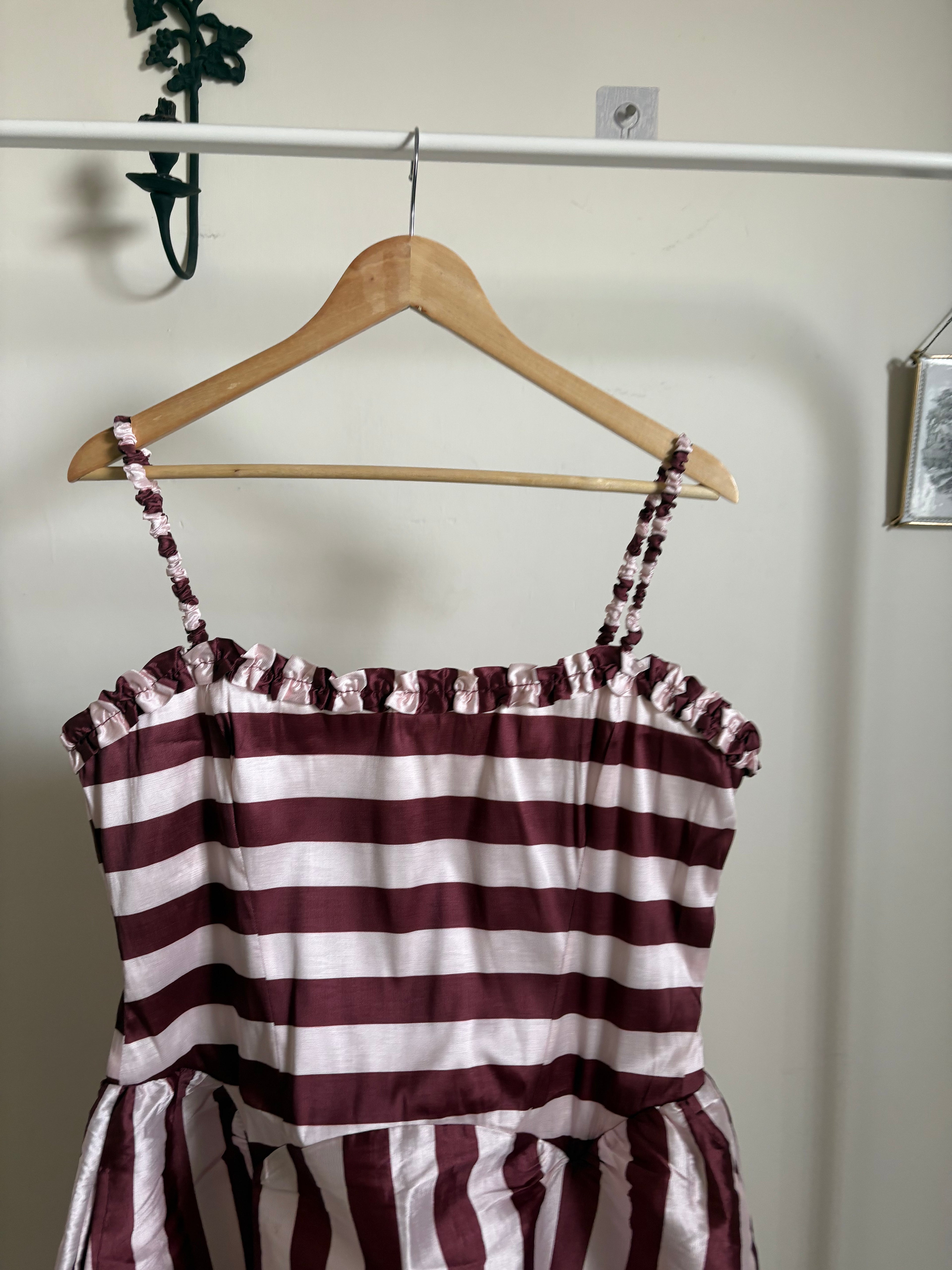 Damson Madder Rachel Ruffle Midi Dress- Pink Burg Stripe UK 16