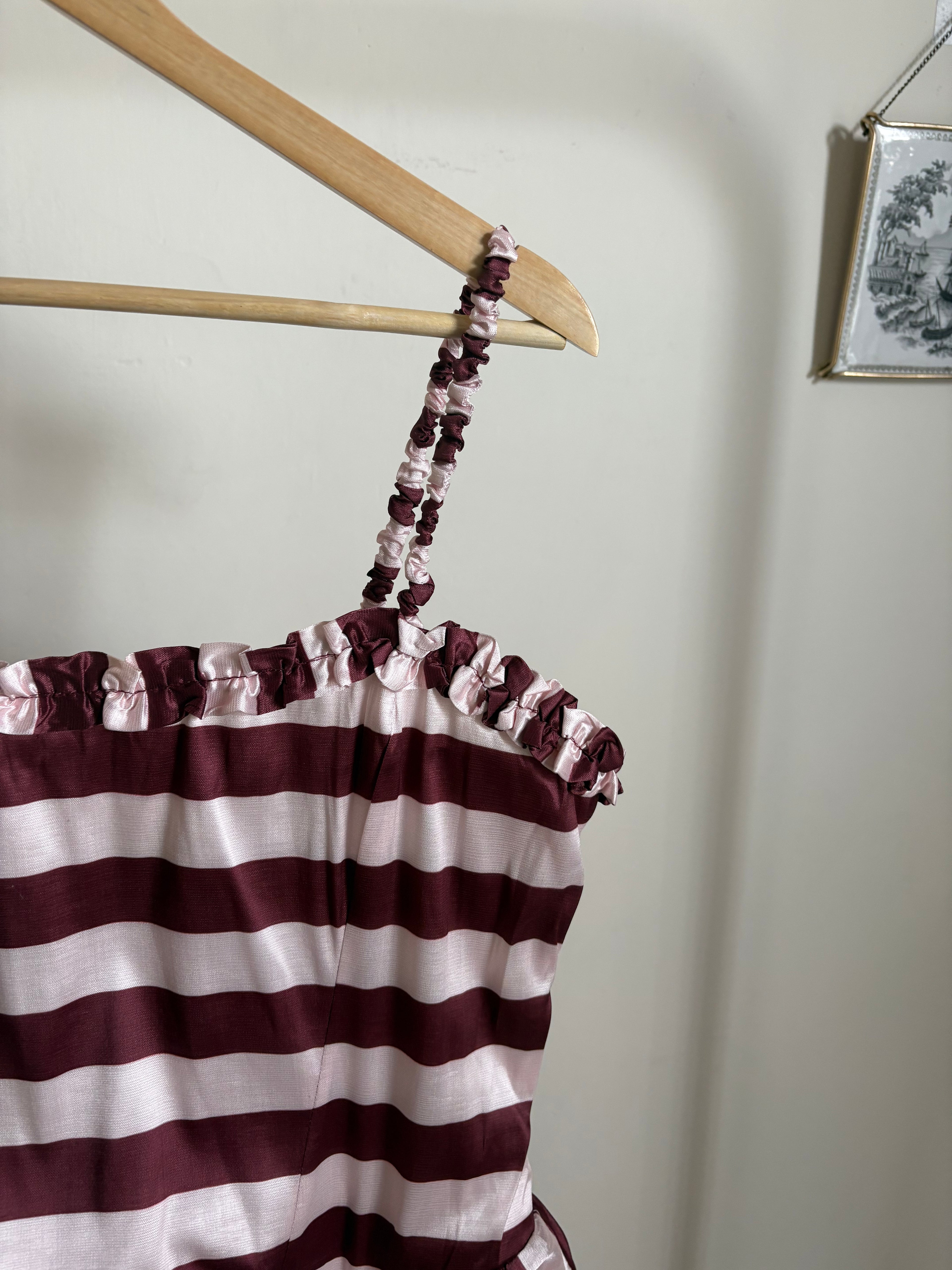 Damson Madder Rachel Ruffle Midi Dress- Pink Burg Stripe UK 16