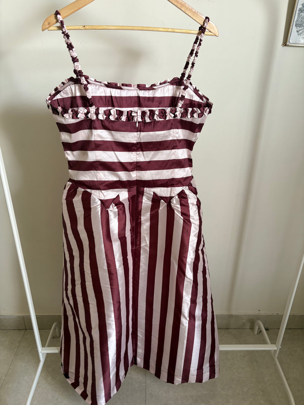 Damson Madder Rachel Ruffle Midi Dress- Pink Burg Stripe UK 16