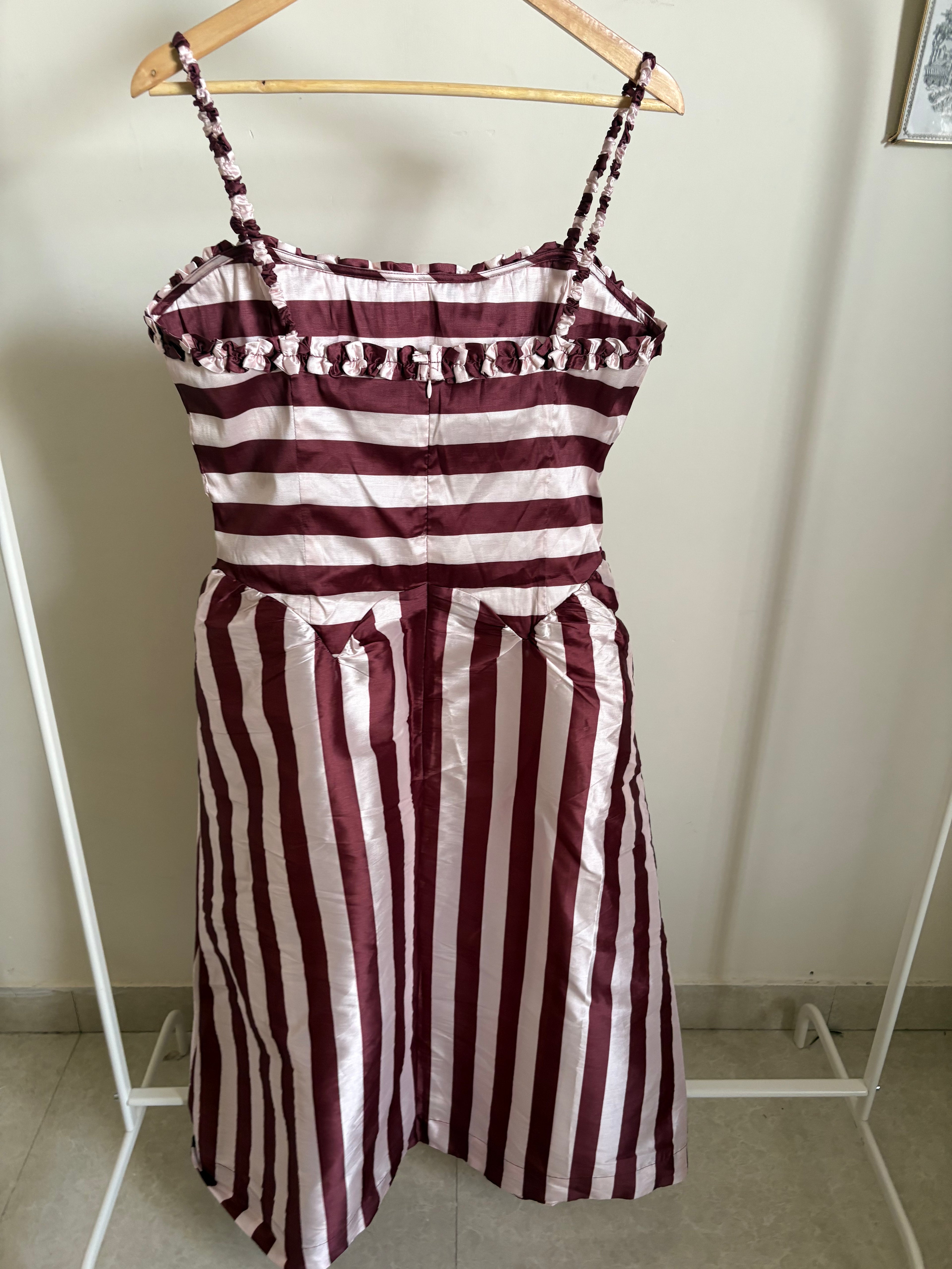 Damson Madder Rachel Ruffle Midi Dress- Pink Burg Stripe UK 16