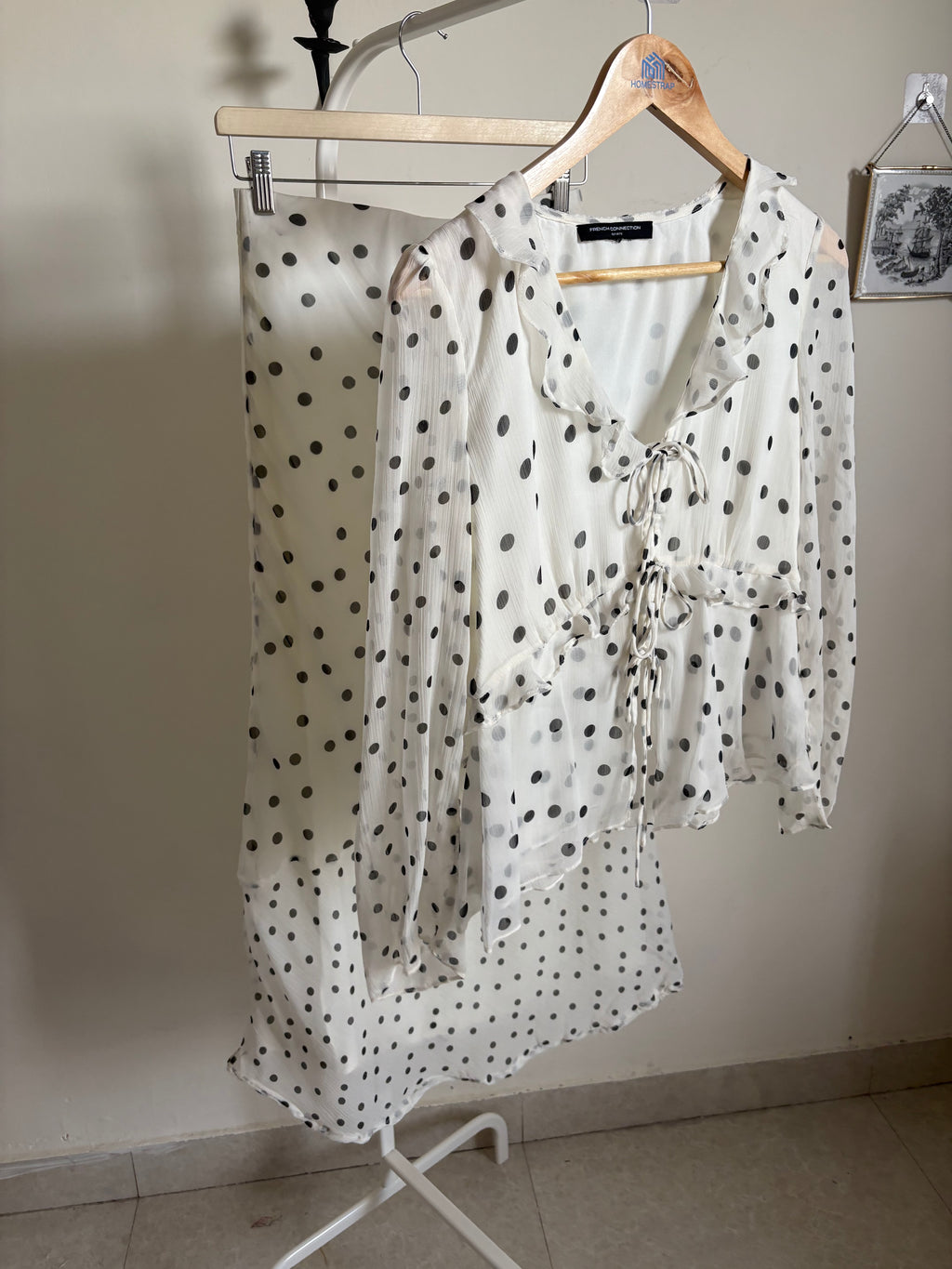 FRENCH CONNECTION Emina Chiffon Monochrome Polka Dot Ruffle Top