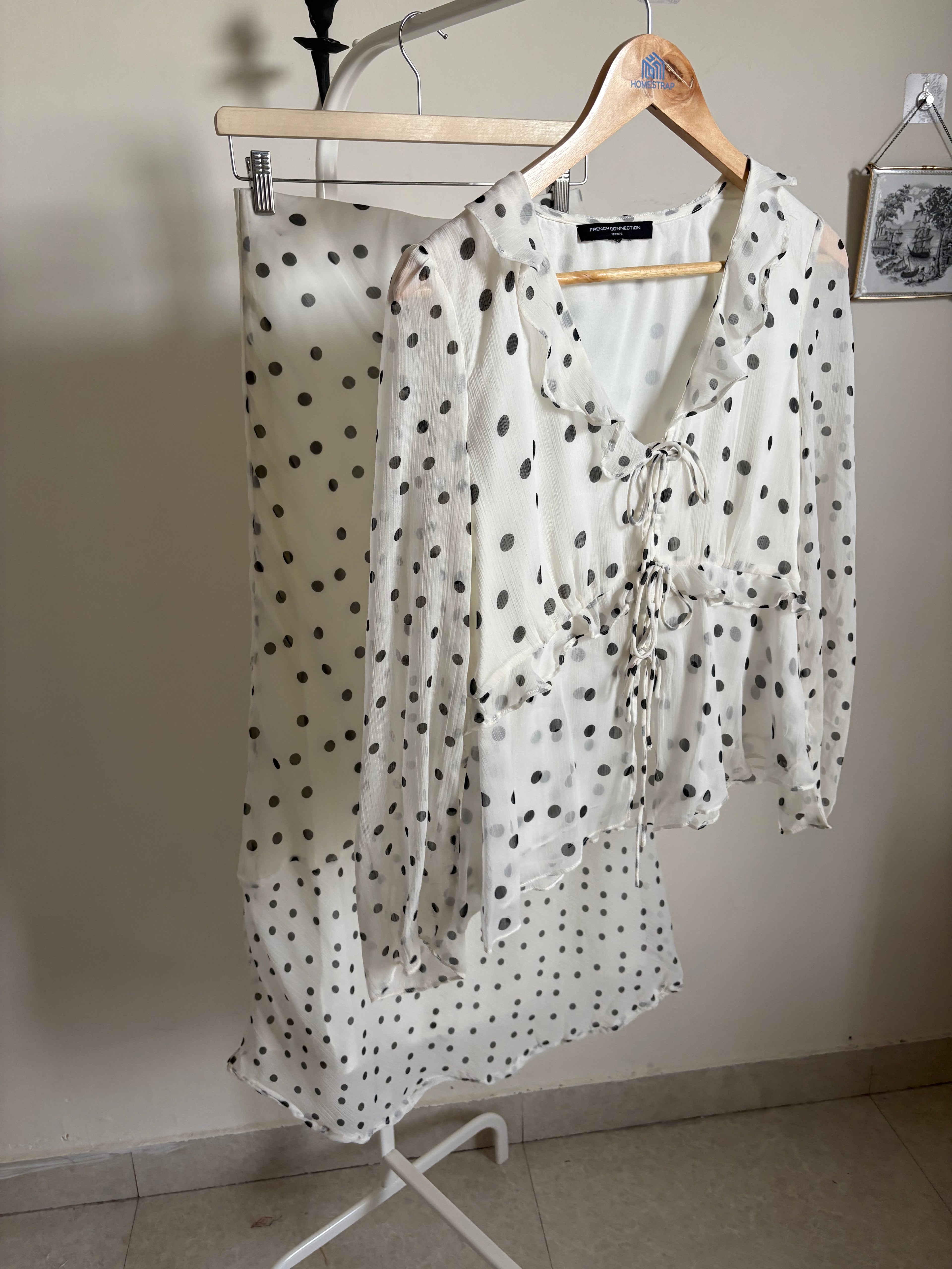 FRENCH CONNECTION Emina Chiffon Monochrome Polka Dot Ruffle Top