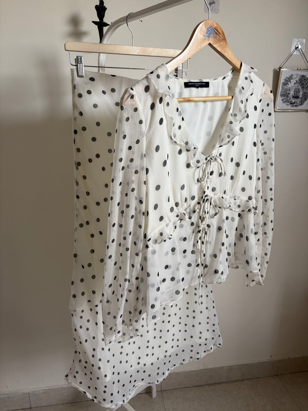 FRENCH CONNECTION Emina Chiffon Monochrome Polka Dot Ruffle Top