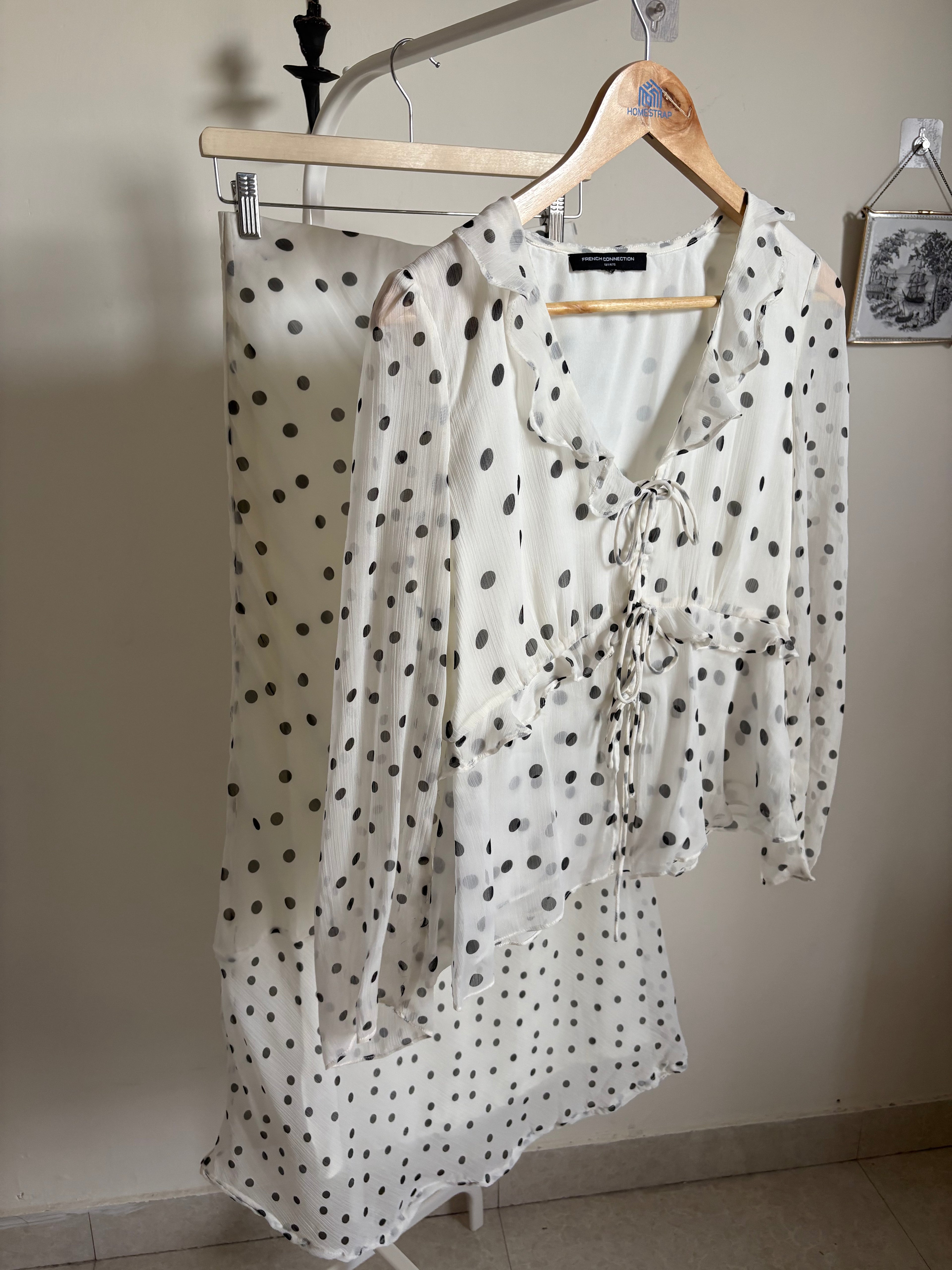 FRENCH CONNECTION Emina Chiffon Monochrome Polka Dot Ruffle Top