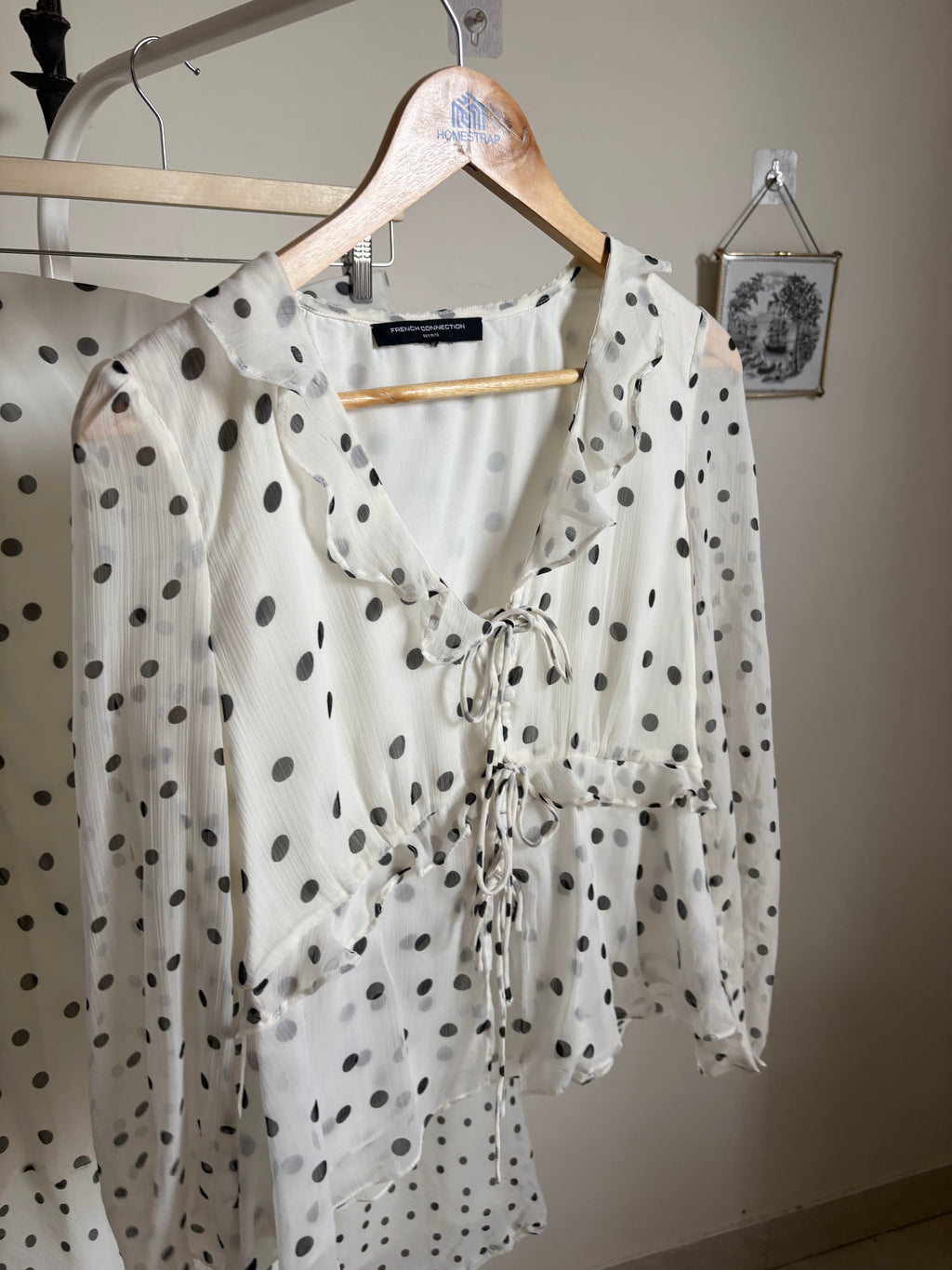 FRENCH CONNECTION Emina Chiffon Monochrome Polka Dot Ruffle Top