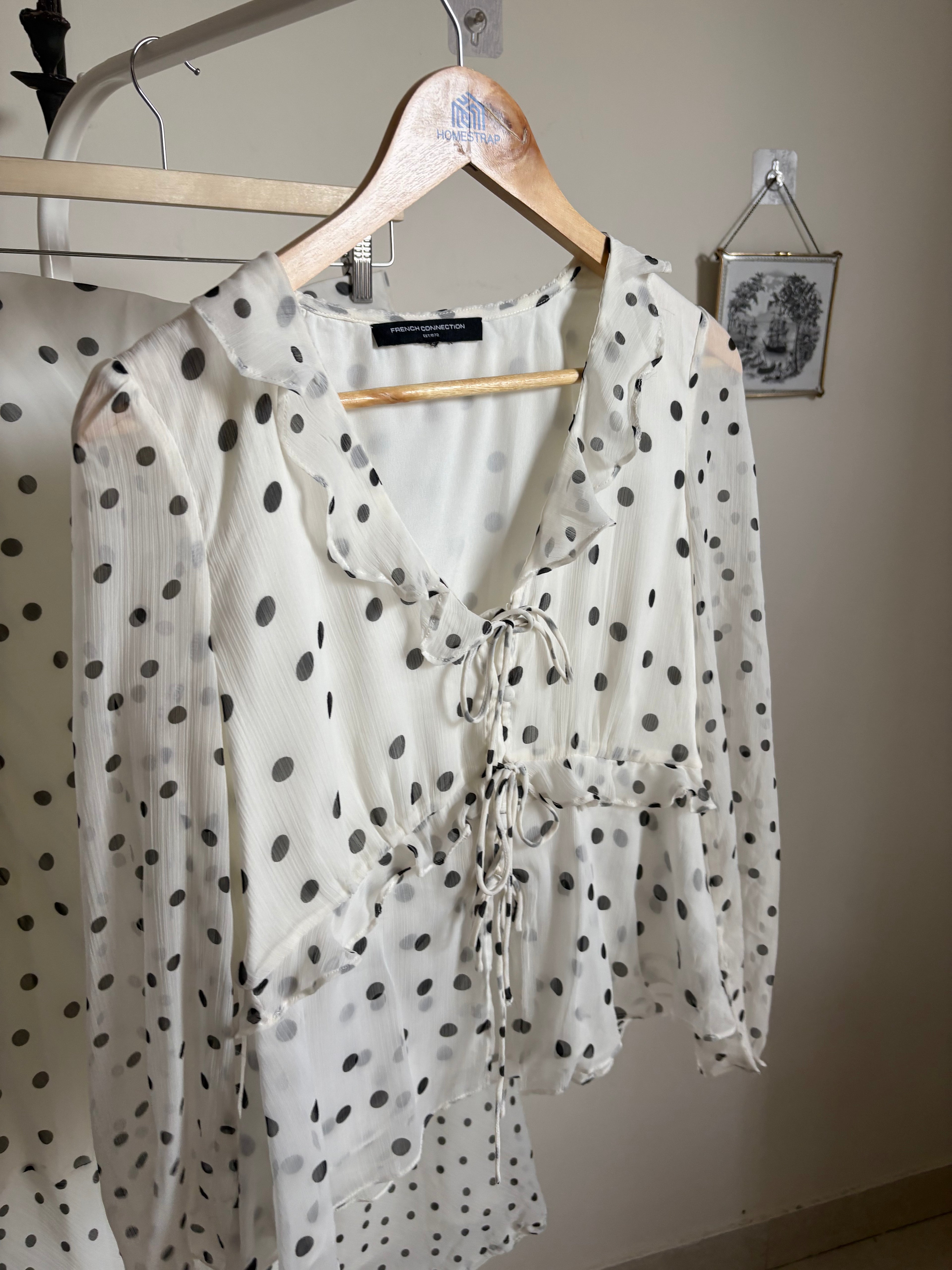 FRENCH CONNECTION Emina Chiffon Monochrome Polka Dot Ruffle Top