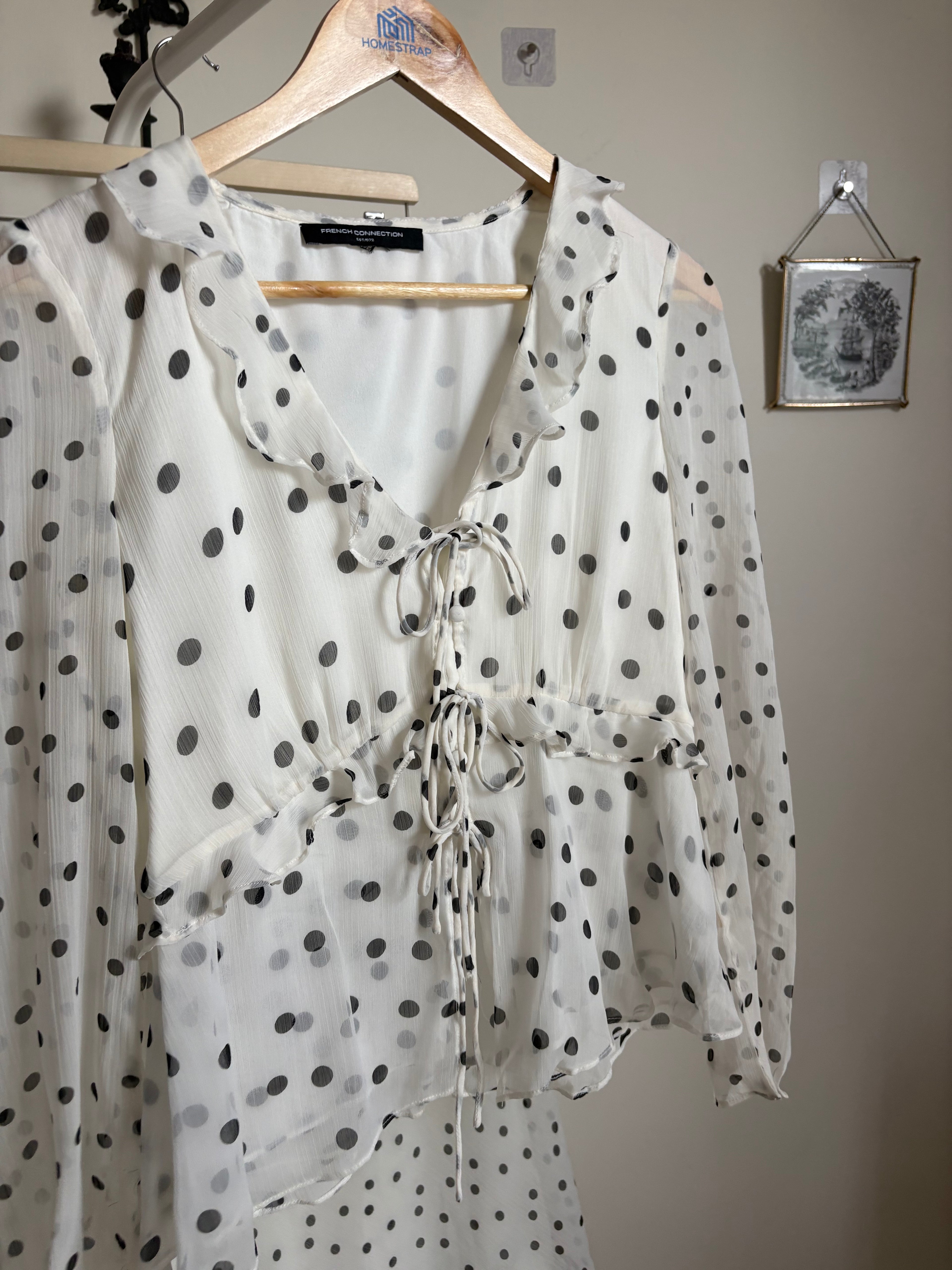 FRENCH CONNECTION Emina Chiffon Monochrome Polka Dot Ruffle Top