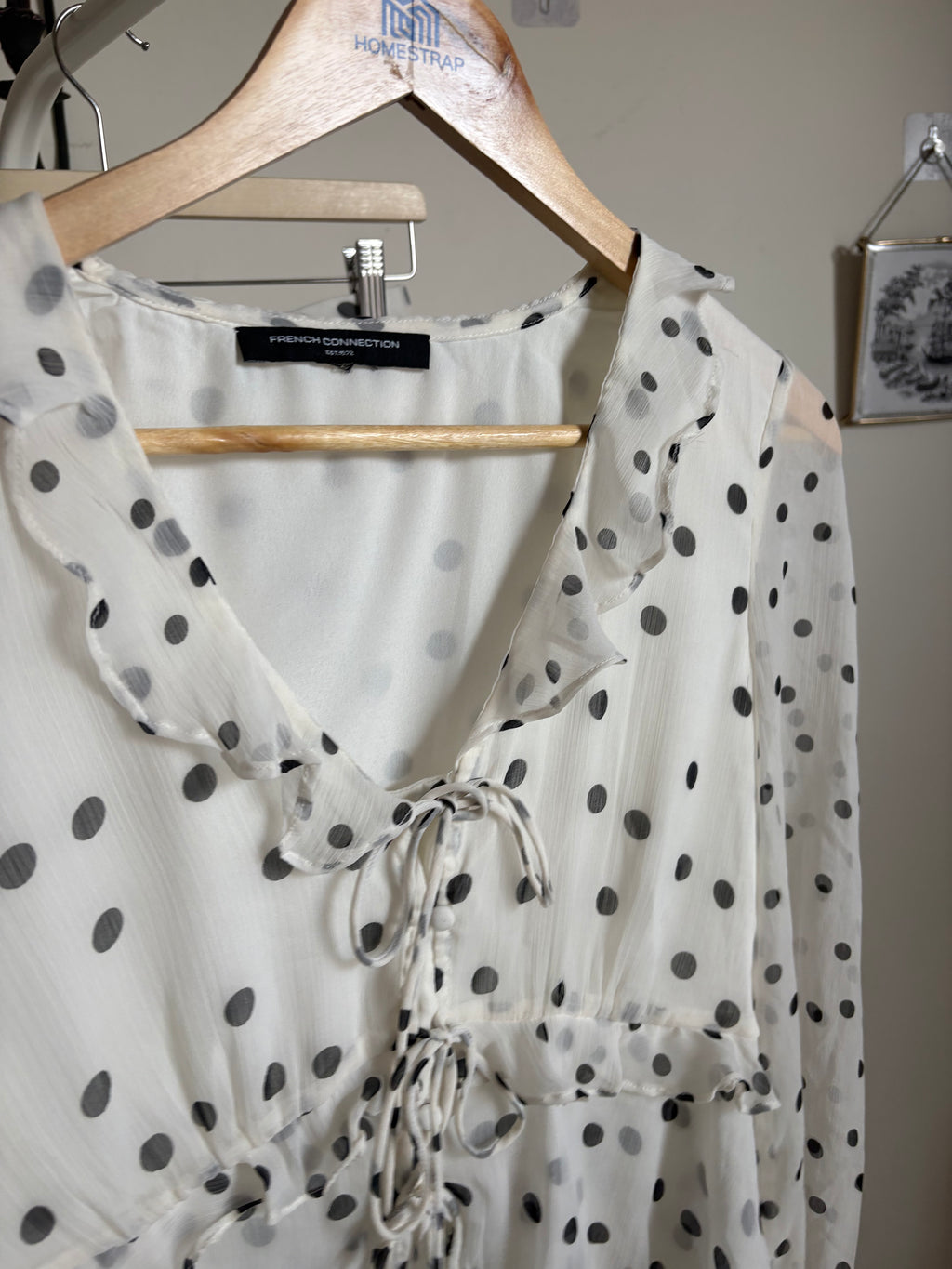 FRENCH CONNECTION Emina Chiffon Monochrome Polka Dot Ruffle Top