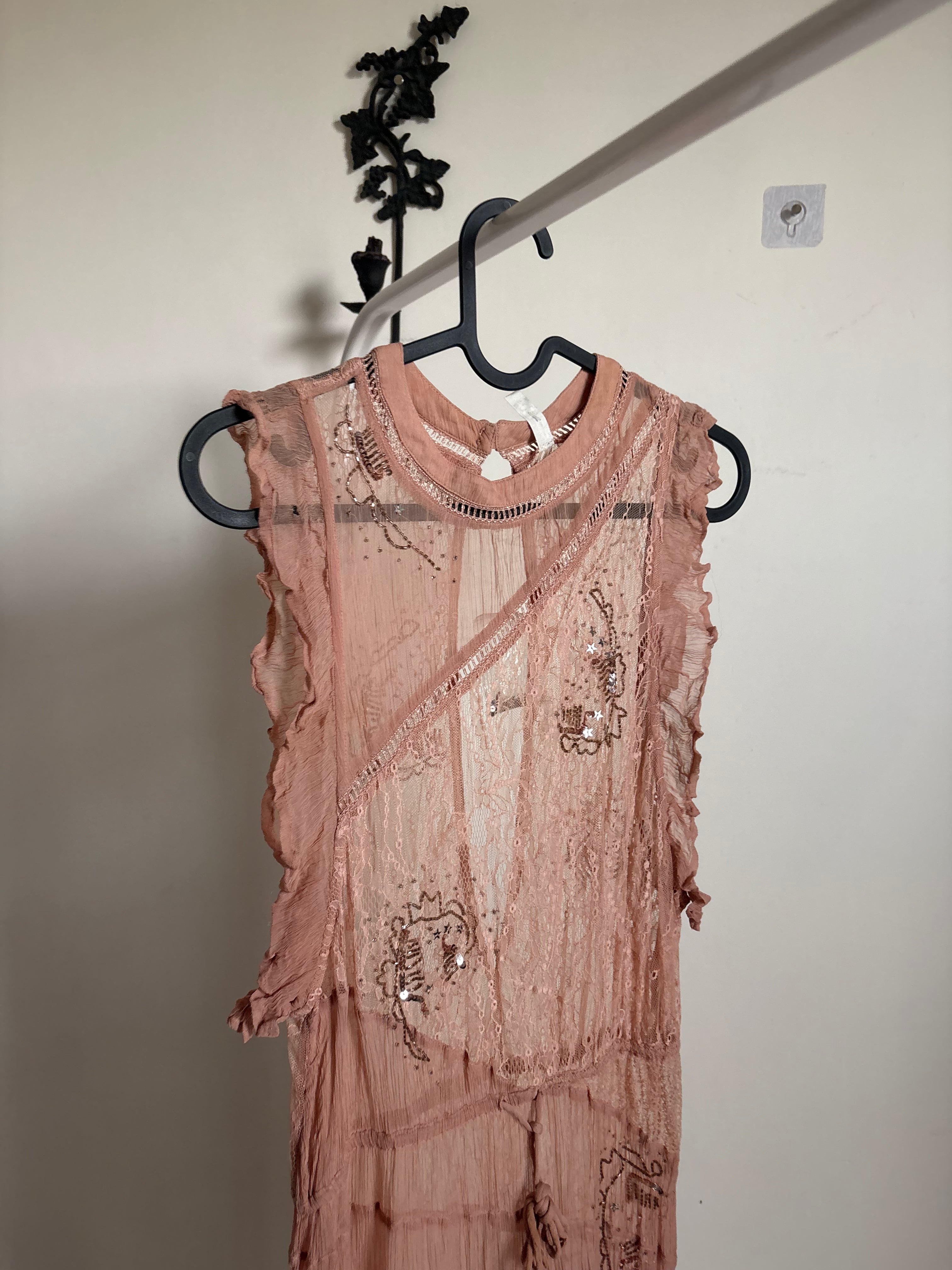 FREE PEOPLE SHEER BEADED SLIP OVERLAY DRESS S