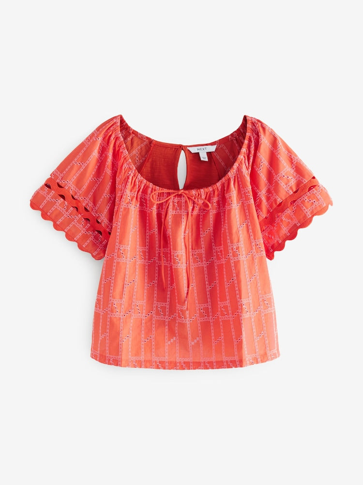 Next TALL FIT BRODERIE SHORT SLEEVE RIC RAC - Blouse - orange contrast stitch