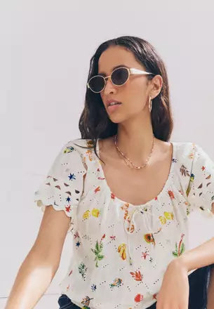 NEXT Multi Broderie Boho Short Sleeve Ric Rac Top