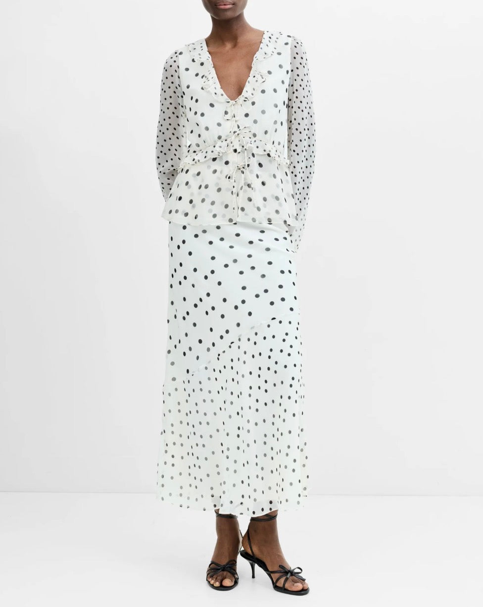FRENCH CONNECTION Emina Chiffon Monochrome Polka Dot Ruffle Top