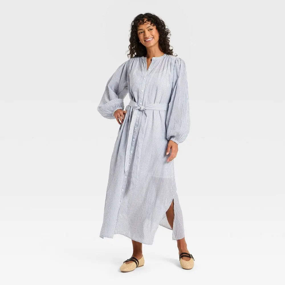 Universal Thread Flounce Long Sleeve Collared Neck Maxi Shirtdress - L