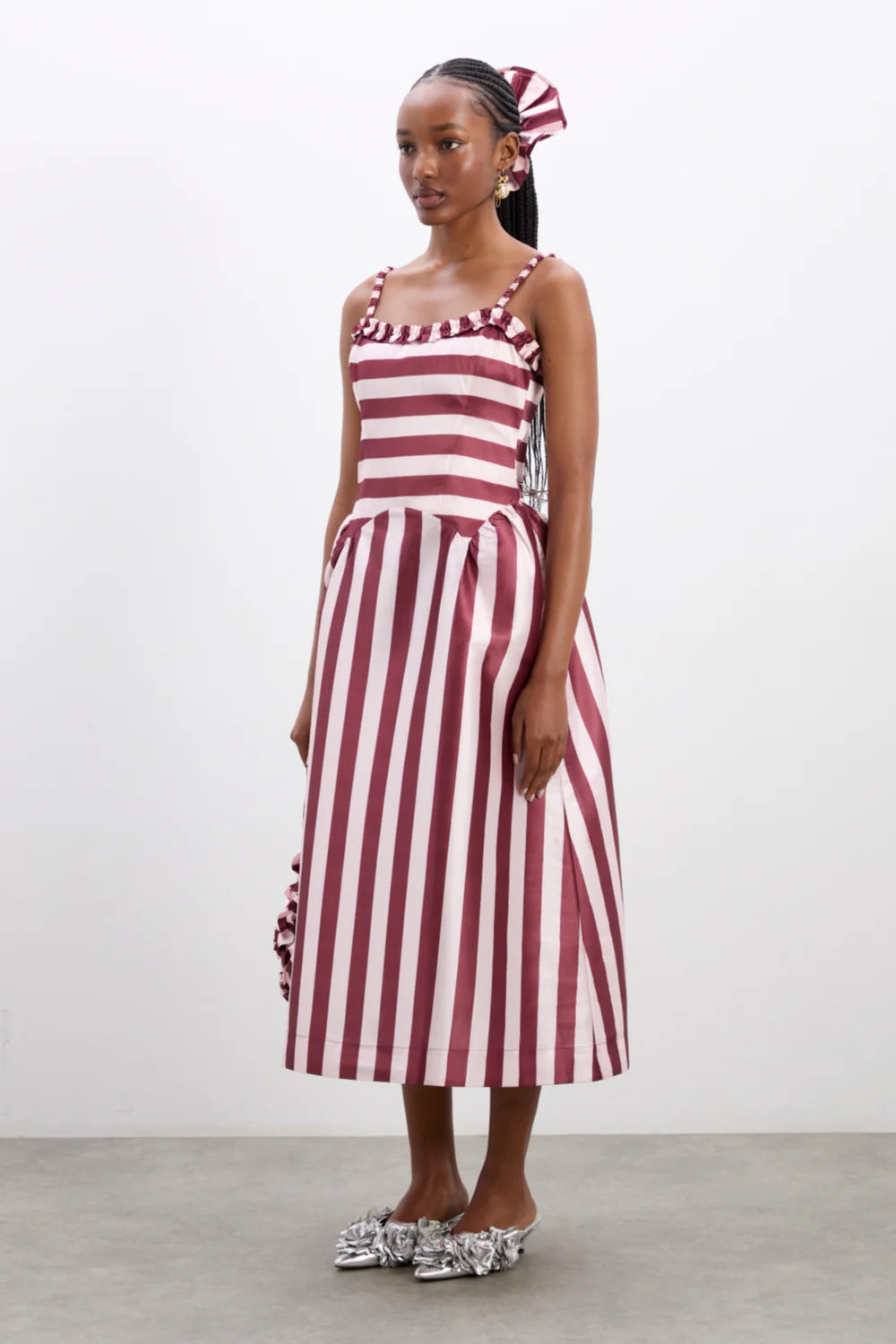 Damson Madder Rachel Ruffle Midi Dress- Pink Burg Stripe UK 16