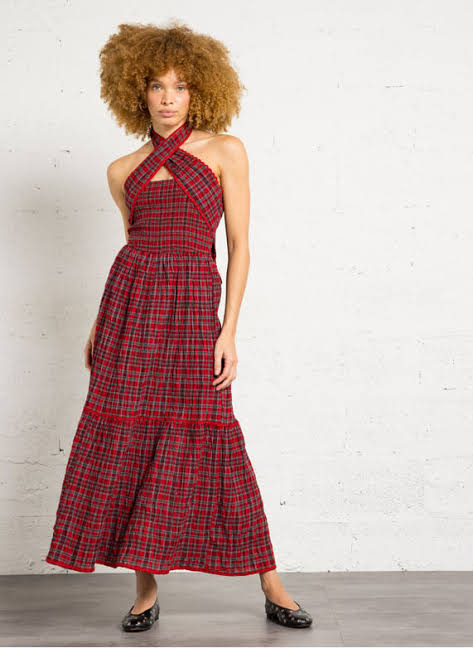 Damson Madder Red Mia Check Midi Dress UK10