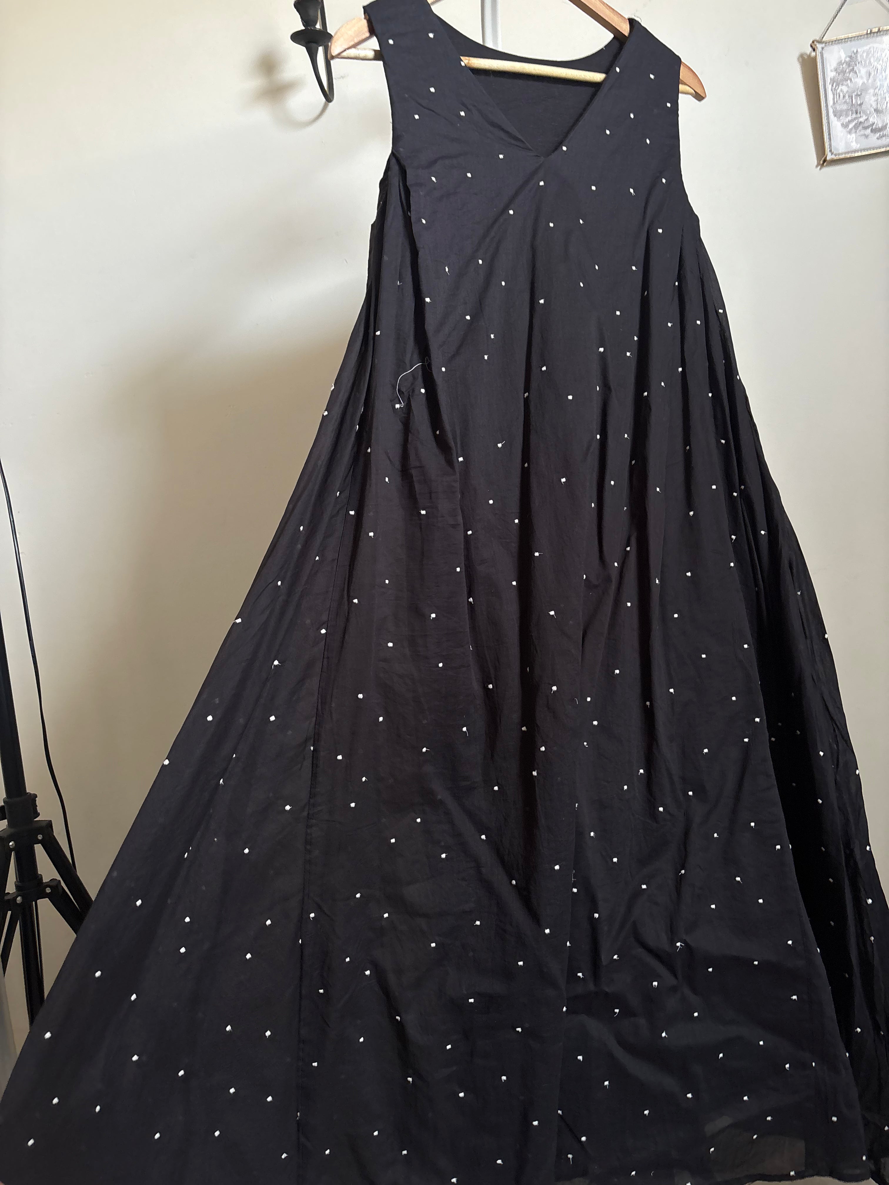 BLACK COTTON POLKA EMBROIDERED DRESS M