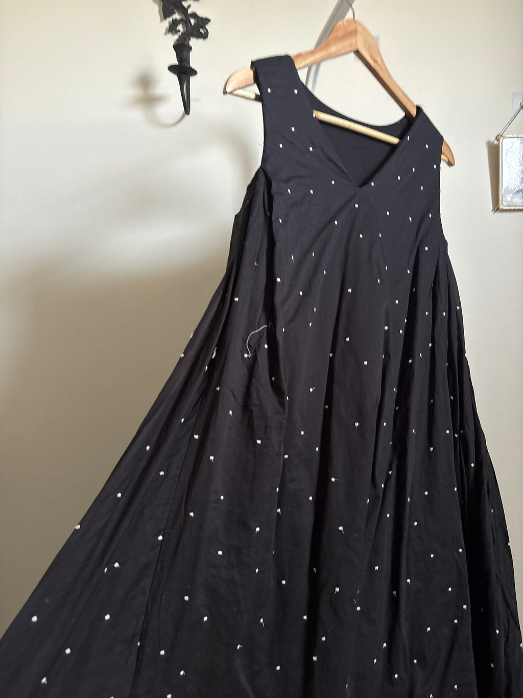 BLACK COTTON POLKA EMBROIDERED DRESS M